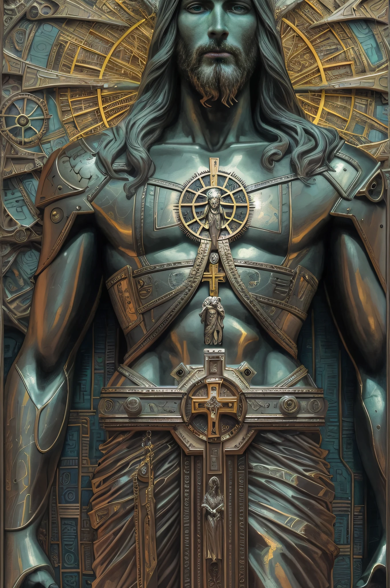 a close up of a full length jesus statue with a cross on his chest, cyberpunk jesus christ, steampunk jesus, alex gray art, jesus christ, alex gray and gustave dore, alex gray style, black jesus, alex gray style, tron legacy jesus christ, by alex grey, detailed deity, jesus christ in mass effect, alex gray and beksinski, high image quality, detailed.