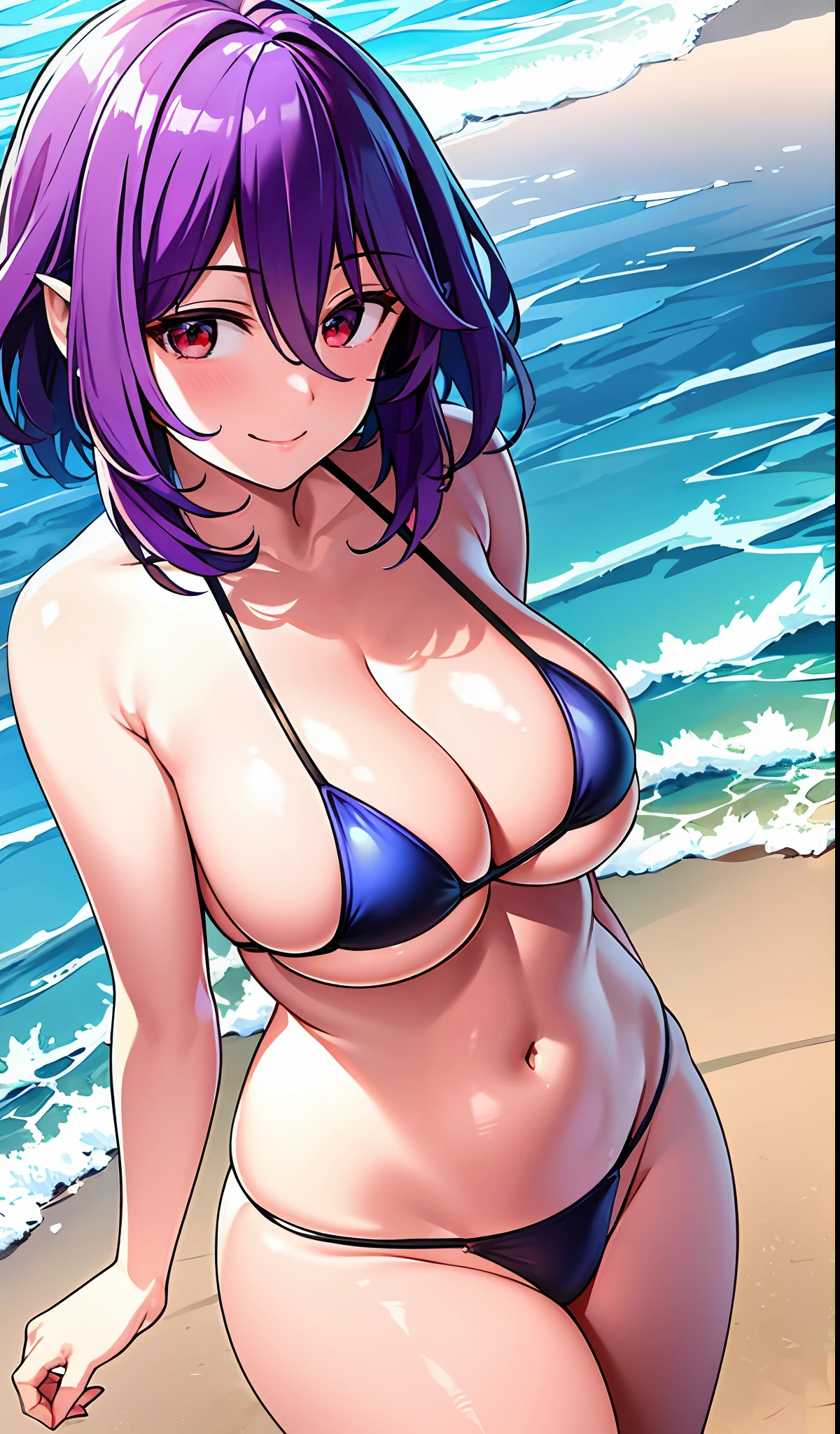 masterpiece, best quality, ultra-detailed, illustration, 1girl, looking at viewer, (micro bikini:1.3), seascape, beach, sand, large breasts,vermeil \(kinsou no vermeil\), dark purple hair, hair between eyes, red eyes, short hair, beautiful detailed eyes, beautiful detailed glow, lots of glow, evil smile, cowboy shot, wide hips, (mature female:1.2, curvy), (milf:1), thighs,