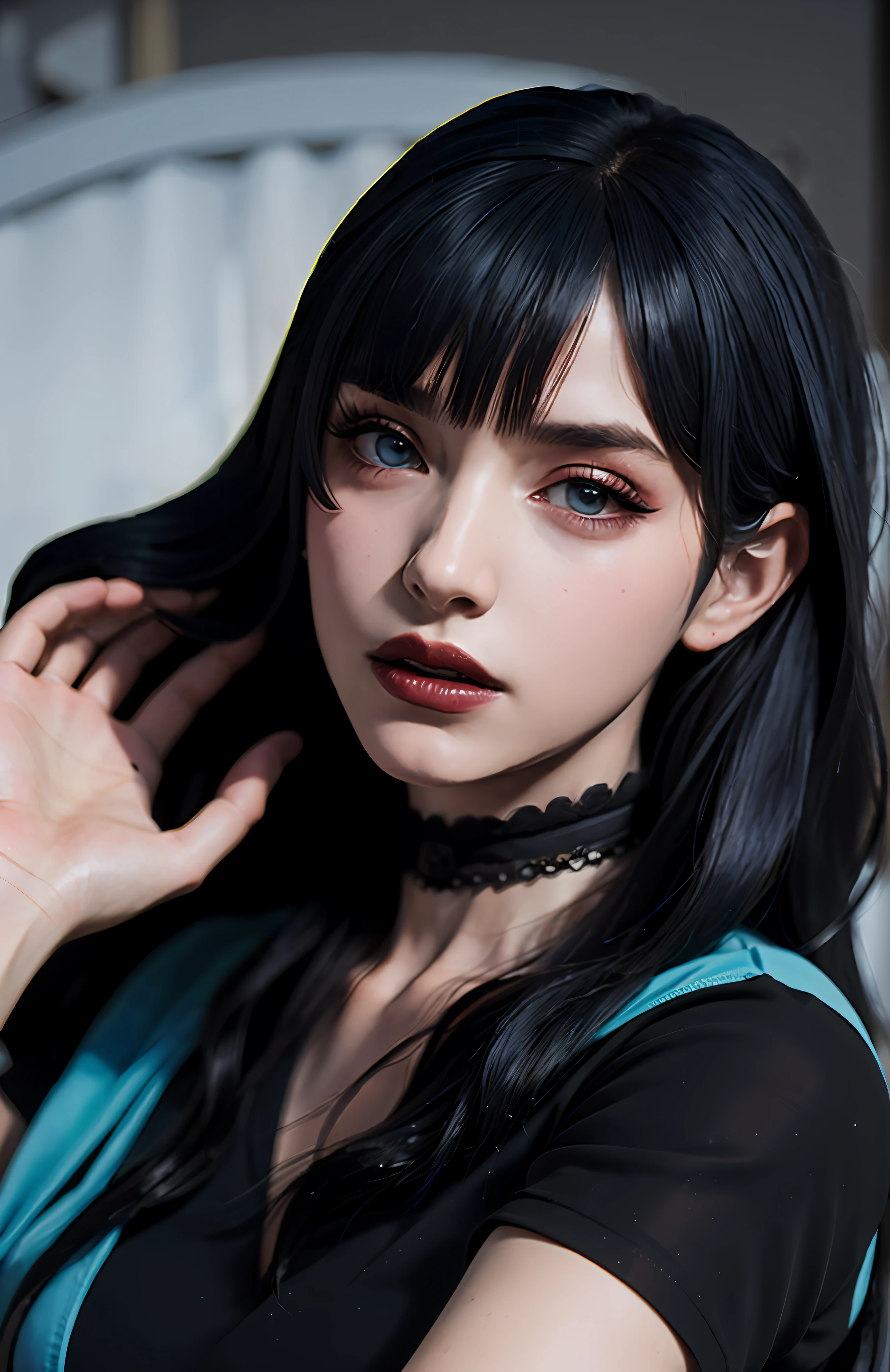 there is a woman with long black hair and a choke, captured on canon eos r 6, anime girl in real life, seductive tifa lockhart portrait, stunning anime face portrait, anime style mixed with fujifilm, tifa lockhart portrait, portrait of tifa lockhart, sui ishida with black hair, 8k artgerm bokeh, ig model | artgerm