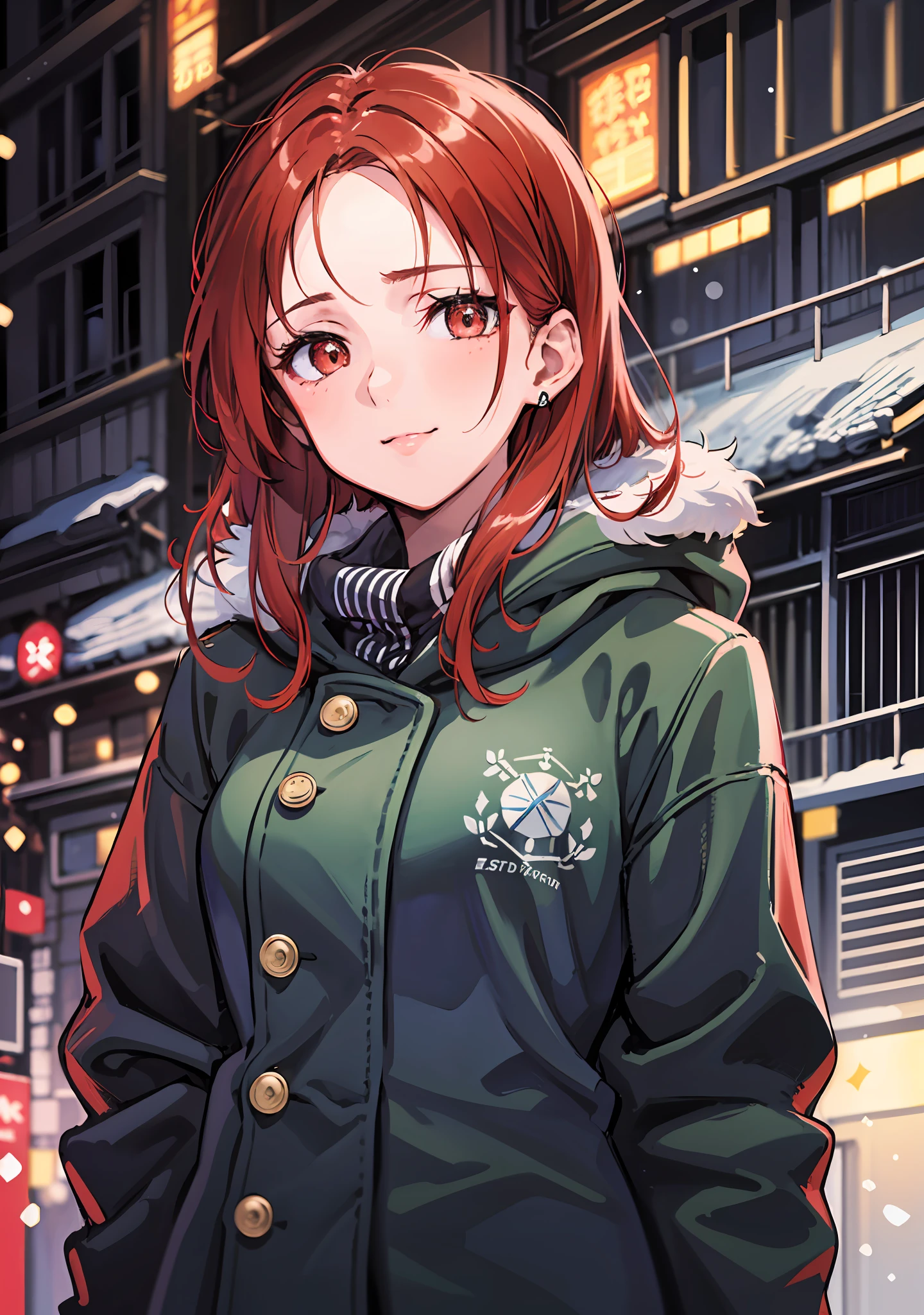 (highres, best quality:1.2), 1girl, Shimada fumikane artstyle, 1girl, sparkling eyes, radiance, soft contours, beautiful drawing, upper body, concept art, neon light, eyelashes, long red hair, minna dietlinde wilke, red eyes, casual wear, gentle smile, winter, snow,