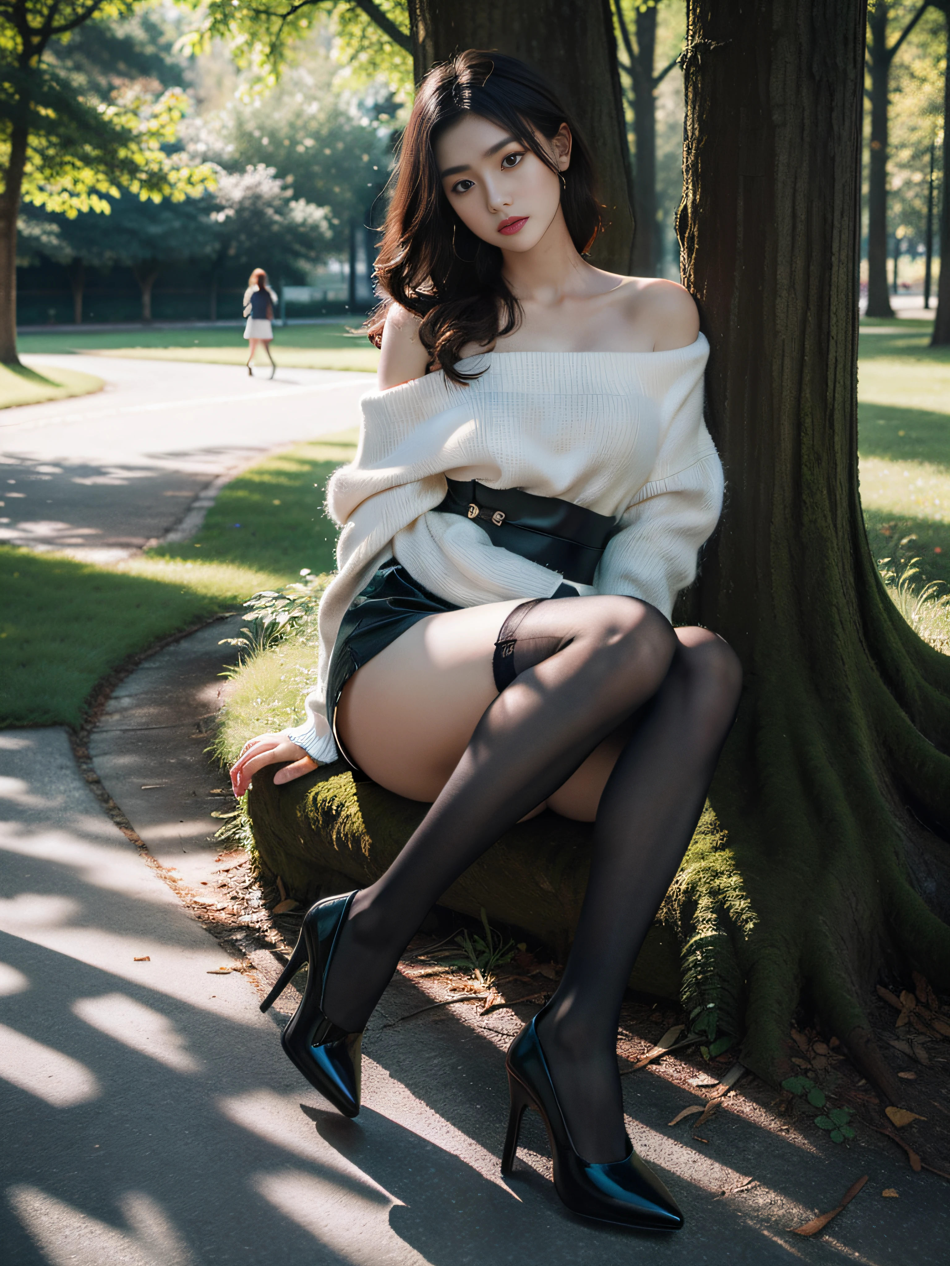 Best Quality, Masterpiece, Ultra High Resolution, (Realism: 1.4), Original Photo, 1girl, Offshoulder, In the Dark, Deep Shadow, Low Key, Cold Light, In the Park, Black Stockings, High Heels, Professional Wear