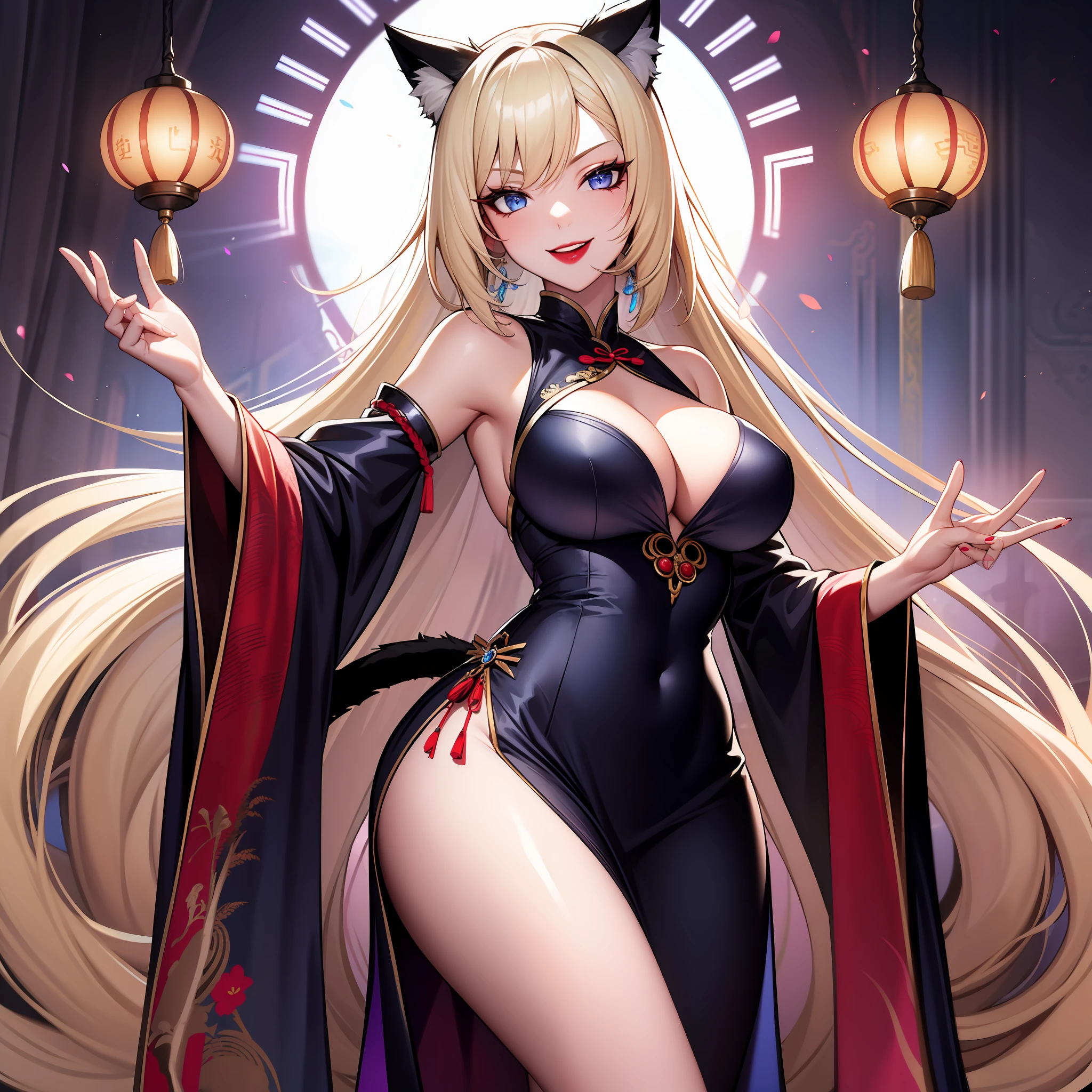 Girl, cat ears and tail, long white hair with blonde strands, violet-blue eyes, black open Chinese dress, expensive jewelry, sly smile, red lipstick