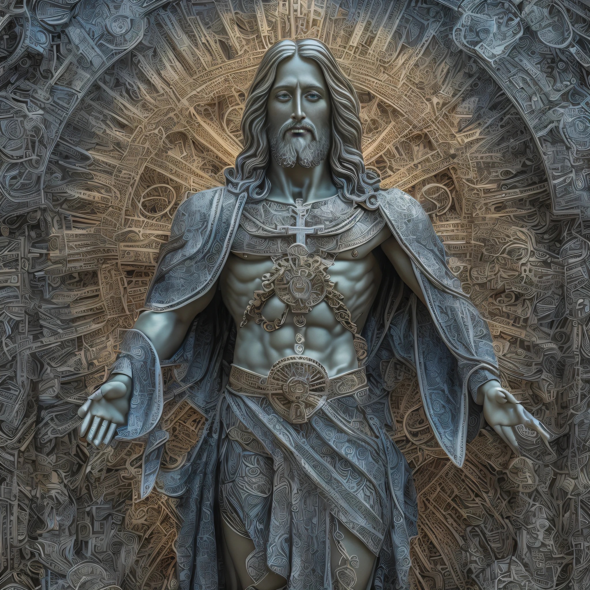 a close up of a full length jesus statue with a cross on his chest, cyberpunk jesus christ, steampunk jesus, alex gray art, jesus christ, alex gray and gustave dore, alex gray style, black jesus, alex gray style, tron legacy jesus christ, by alex grey, detailed deity, jesus christ in mass effect, alex gray and beksinski, high image quality, detailed.