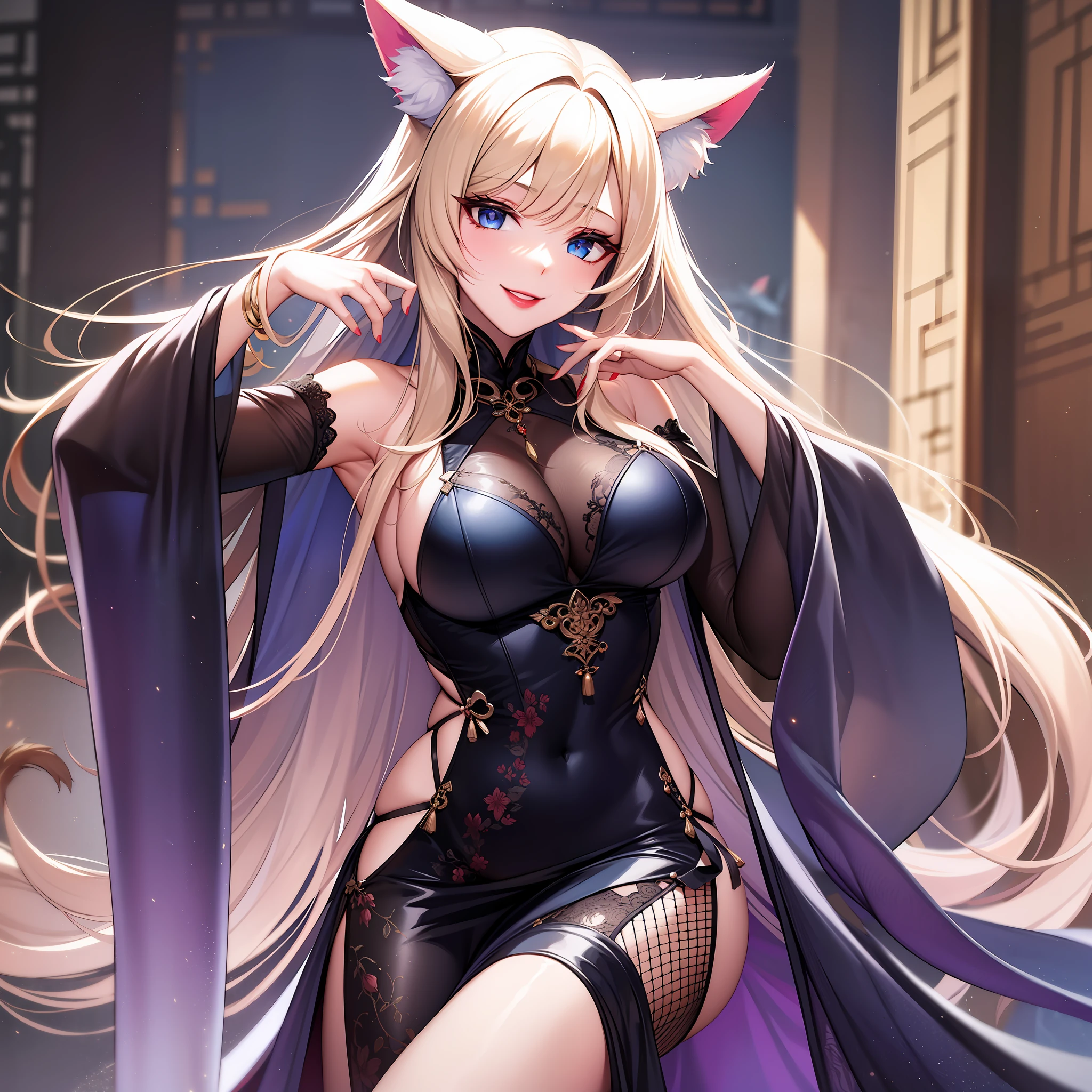 Girl, cat ears and tail, long white hair with blonde strands, violet-blue eyes, black open Chinese dress, expensive jewelry, sly smile, red lipstick