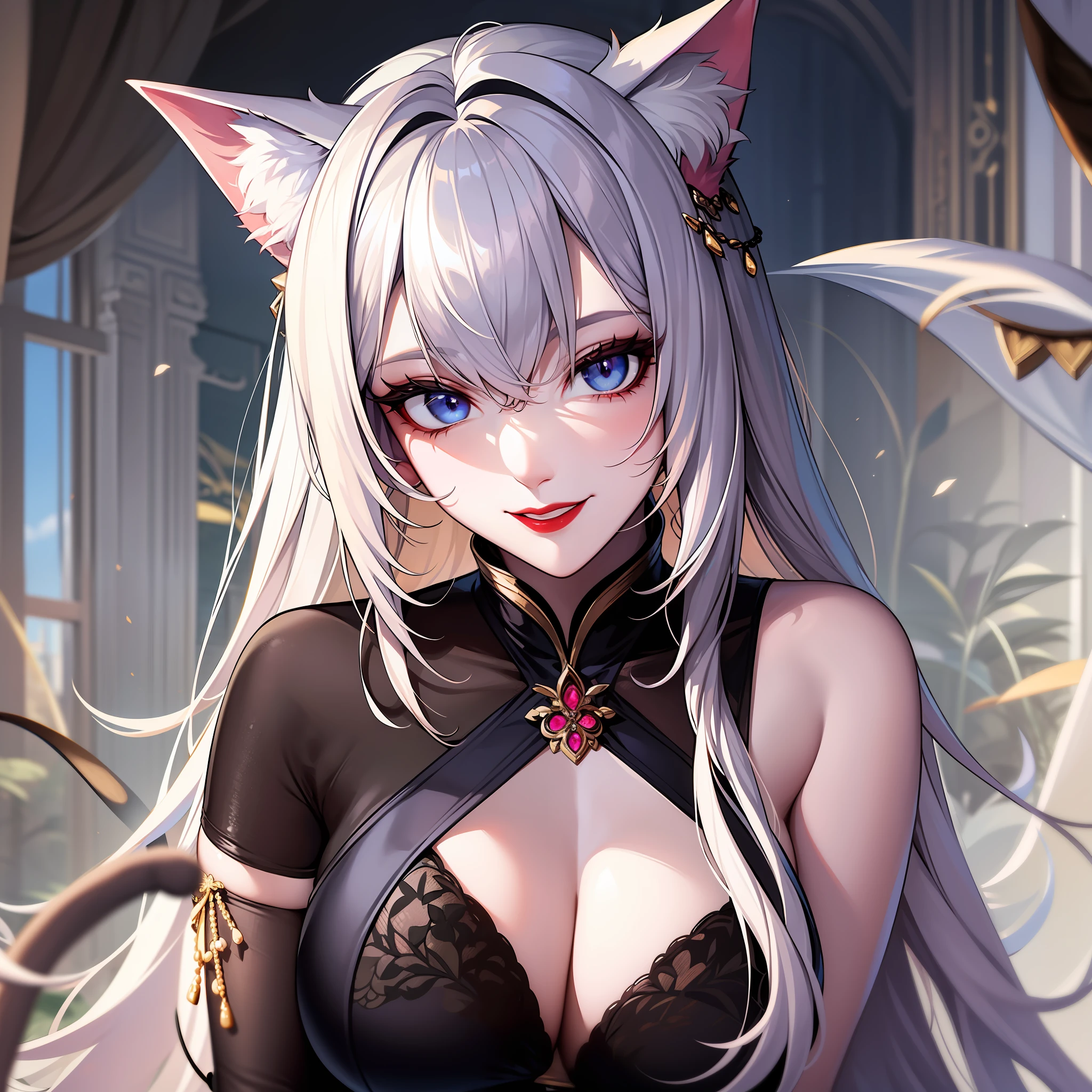 Girl, cat ears and tail, long white hair with blonde strands, violet-blue eyes, black open Chinese dress, expensive jewelry, sly smile, red lipstick
