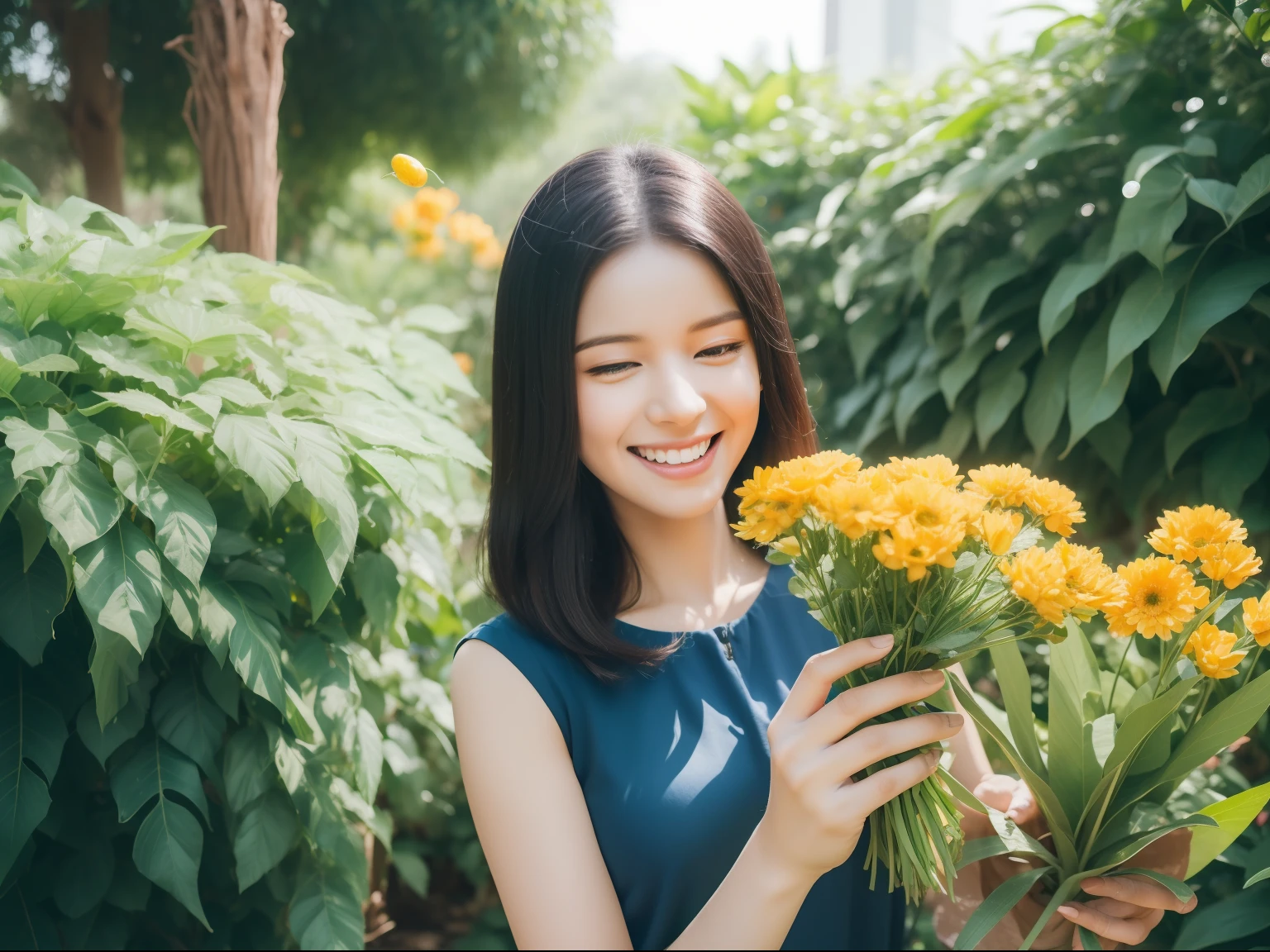 gardening　femele　A garden with many colorful flowers, There are a lot of eucalyptus and mimosas　Watering plants, light smile, black hair, Canon, blurry foreground, UHD