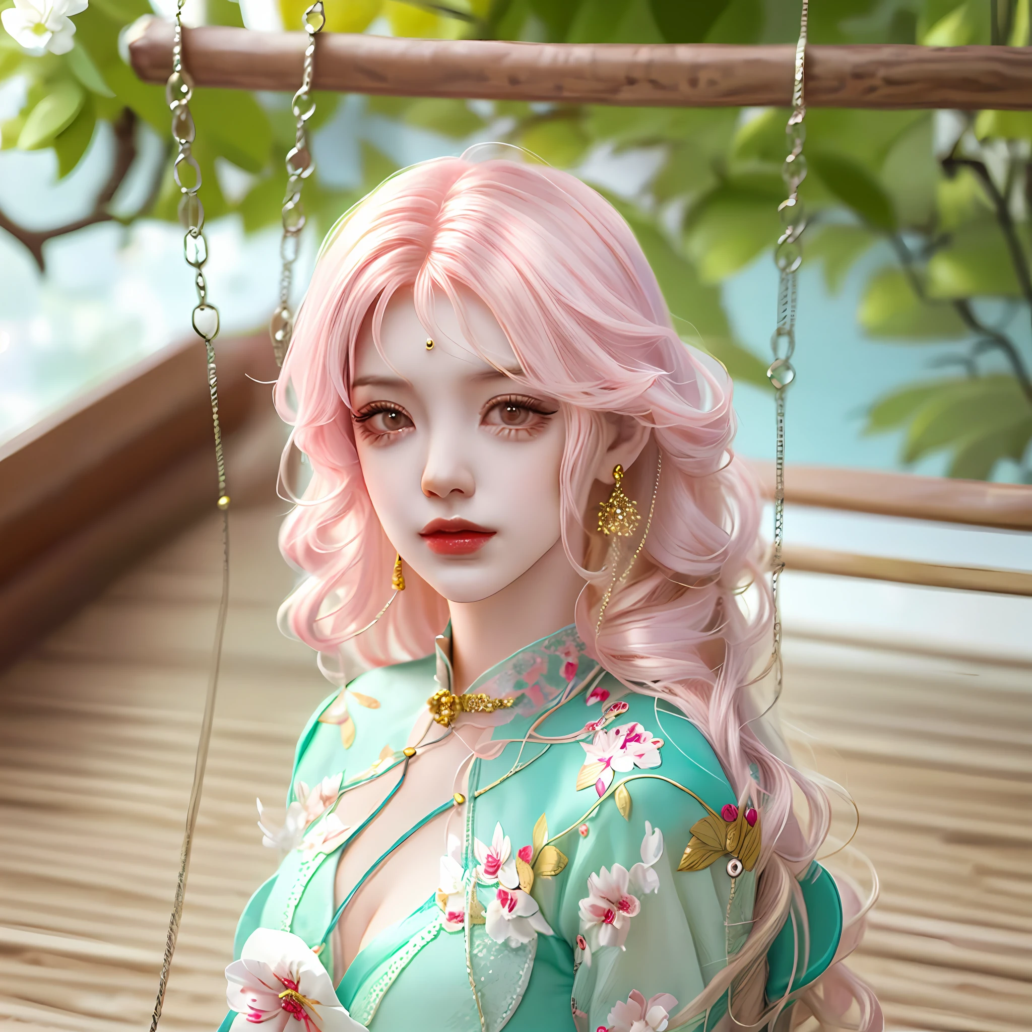 A work of art character ((chibi)) female with long hair, realistic 3D style wearing very beautiful dress she is sitting on a swing --auto --s2
