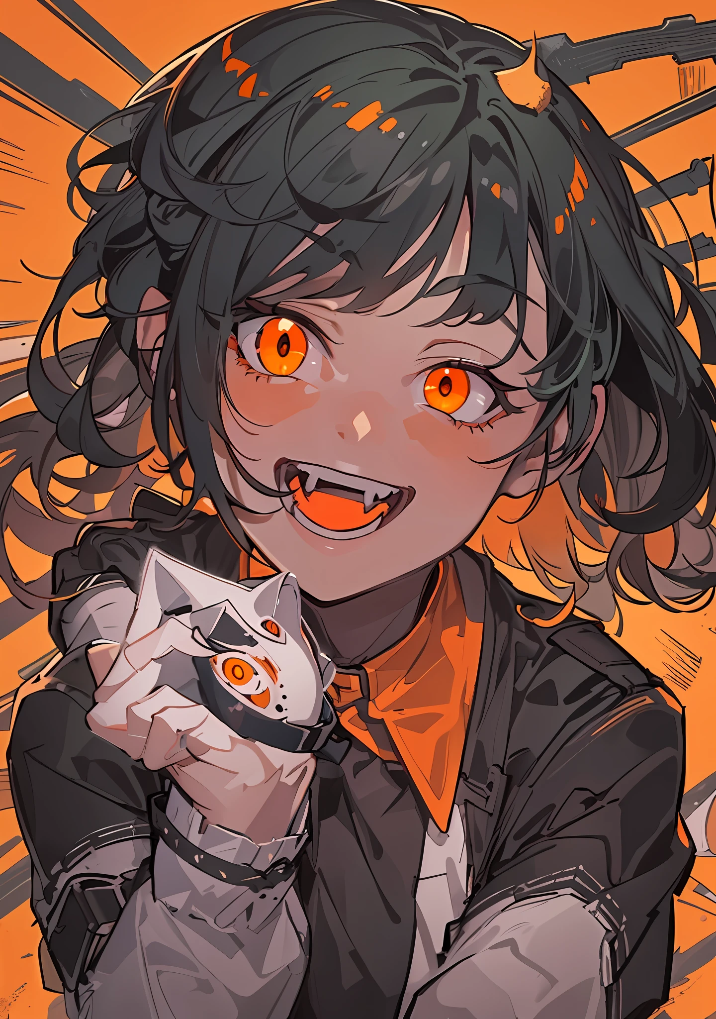 Best Quality, super detailed illustration, A  girl, (Crazy orange eyes:1.2),(wide eyes:1.2), (short disheveled black hair:1.2),(crazy smile:1.2) ,(Rollover tax:1.2), combat pose