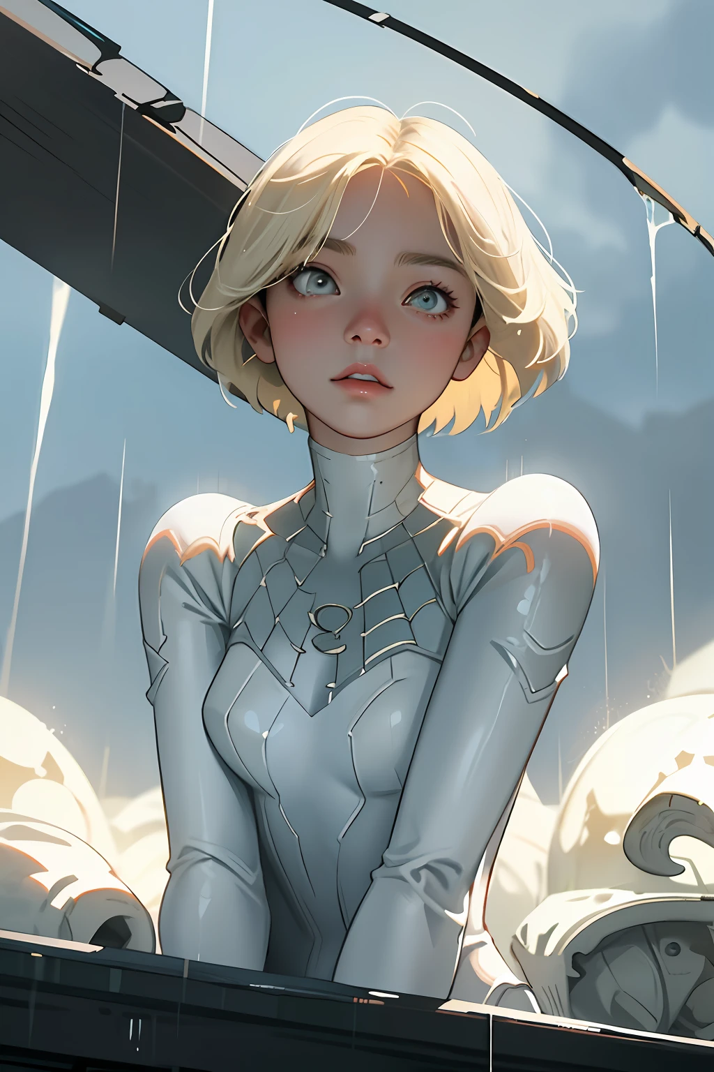 18 yo girl, white spider man suit, short blunt hair, blonde, beautiful face, rain, roof, masterpiece, intricate detail, perfect anatomy