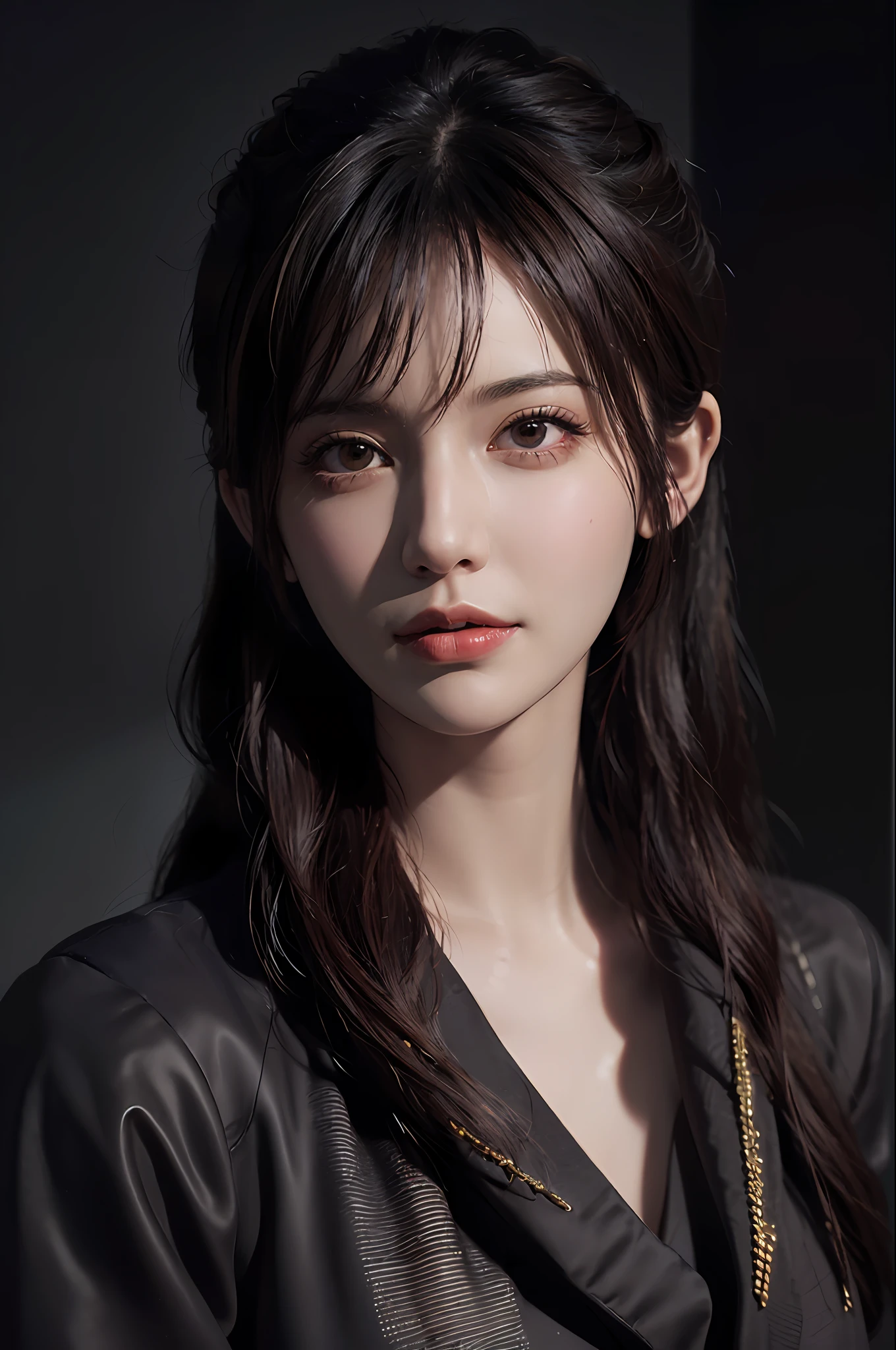 Hyperrealist portrait of female by david hockney and alphonse mucha,fantasy art, photo realistic, dynamic lighting, artstation, poster, volumetric lighting, very detailed faces, 4 k, award winning,, 1girl, in the dark, deep shadow, low key,cowboy shot,(official clothing:1.4) ,long hair,white hair,