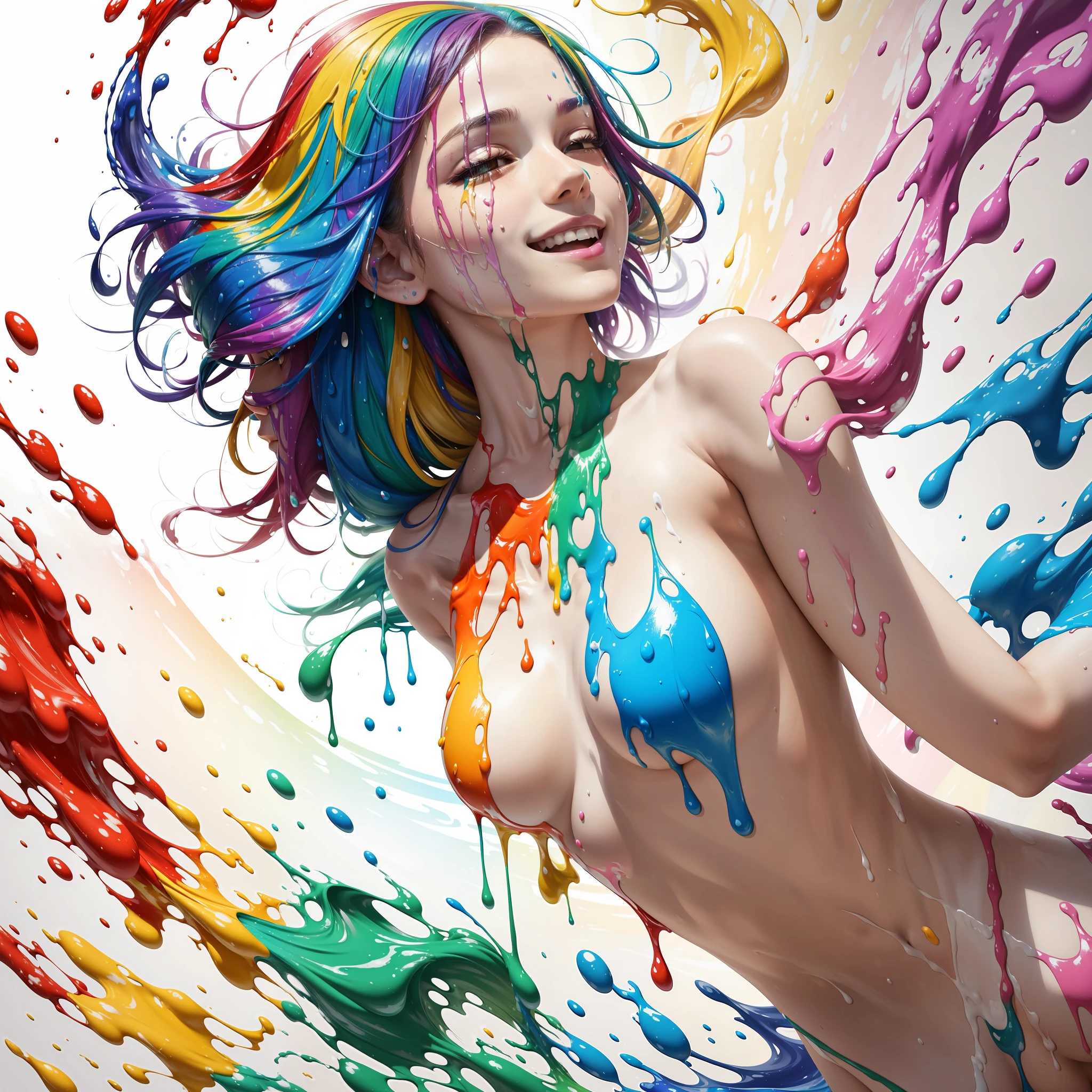 Paint raining, thick paint rainbow hair, body covered with paint, joyful, ((sfw)), calm facial expression, relaxed, gentle smile, (clothes made of liquid paint)), front view, ((small breasts, relaxed face, relaxed shoulders)), ((dynamic pose)), liquid details, correct anatomy,