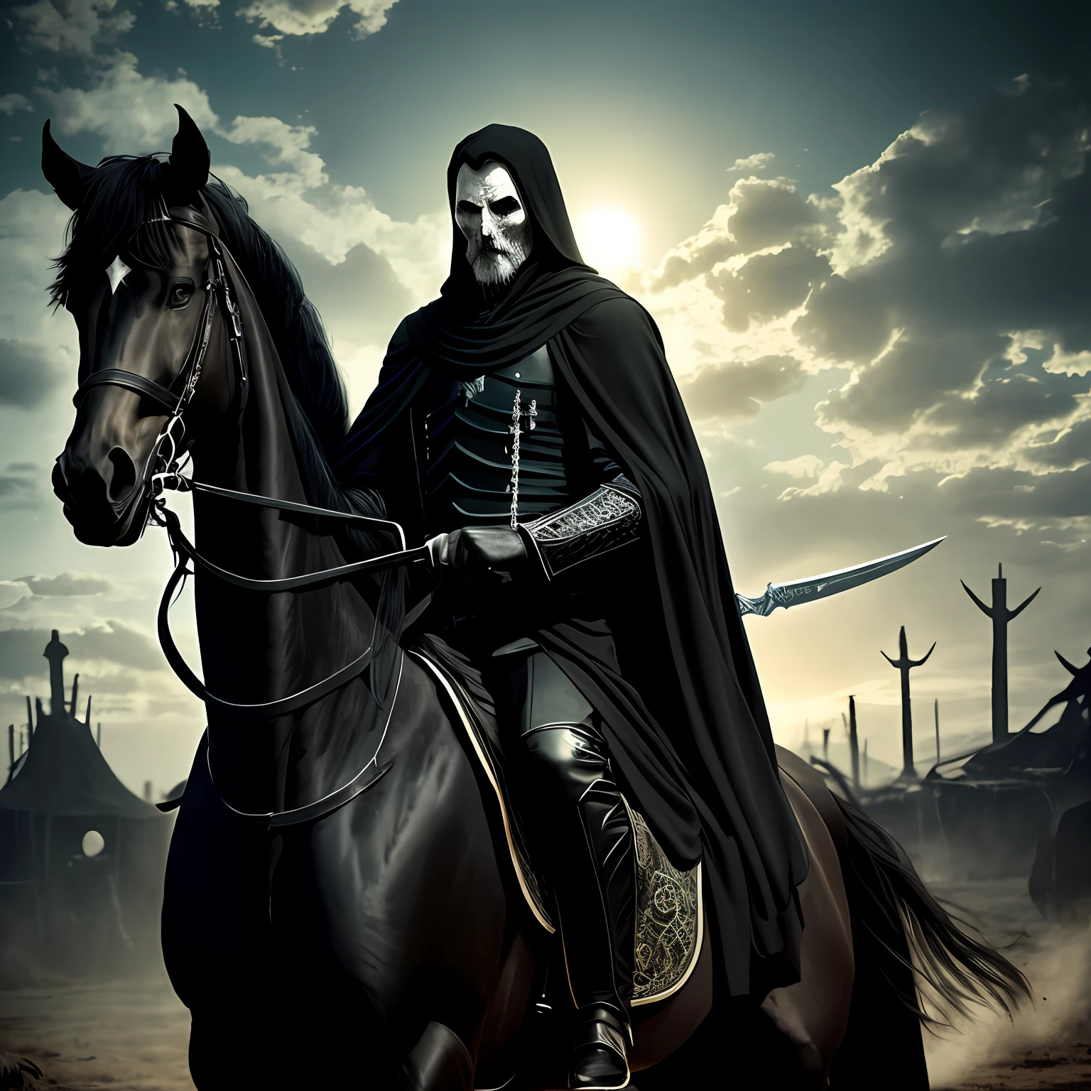 Rider on a black horse with a dagger in his hand and his appearance of an undead in a black robe in the apocalypse, vermelho, sol amarelo em suas costas --auto