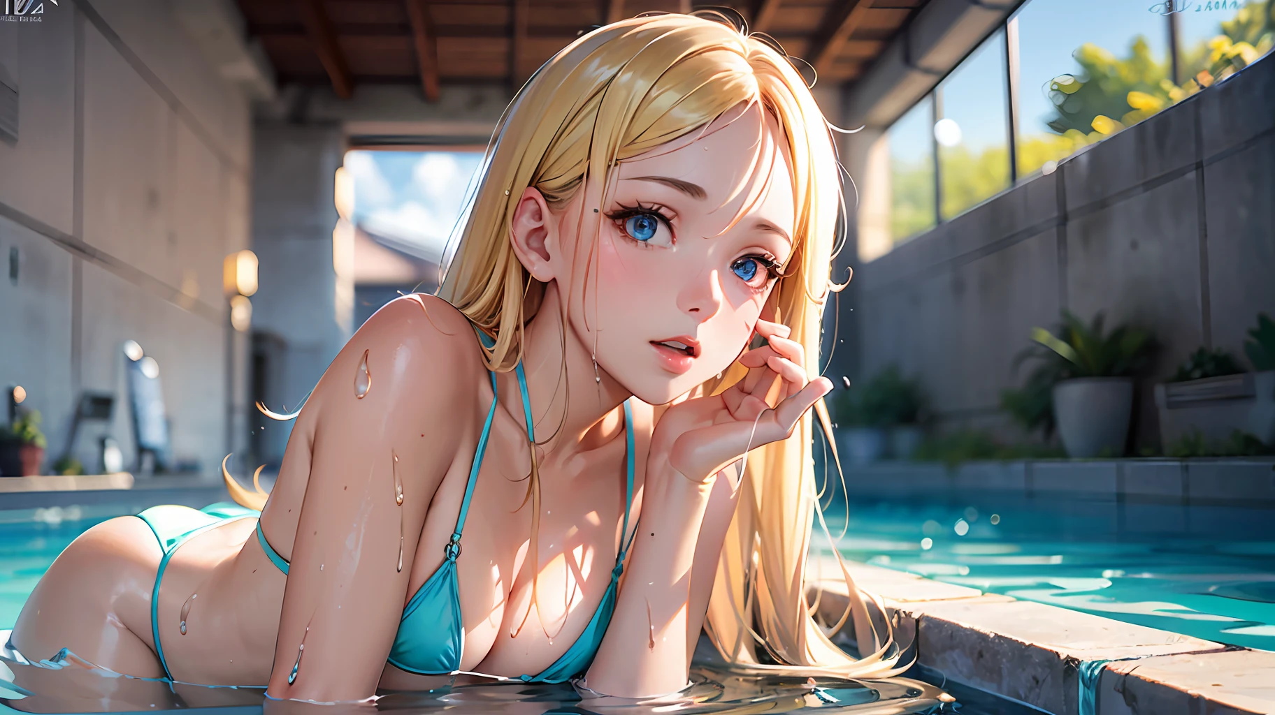 RAW, professional photograph, movie photograph, medium shot, Female, 20 years old, lying down, spread legs, see-through, micro bikini, wet body, pleasure expression, cute face, soft facial features, almond eyes, blue eyes, diamond face, light skin, blonde hair, long hair, straight hair, flat body, Realism, hyperrealism, ray tracing, high details, super detail, UHD, 8k