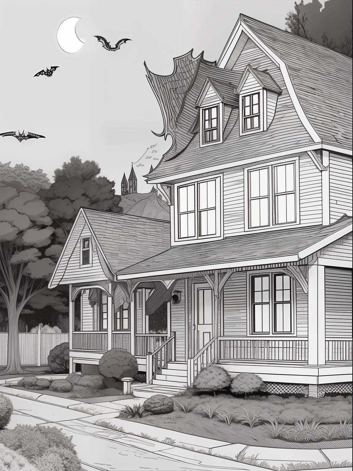 coloring pages for kids, haunted house, cartoon style, thick lines, low detail, black and white, no shading, --ar 85:110 -