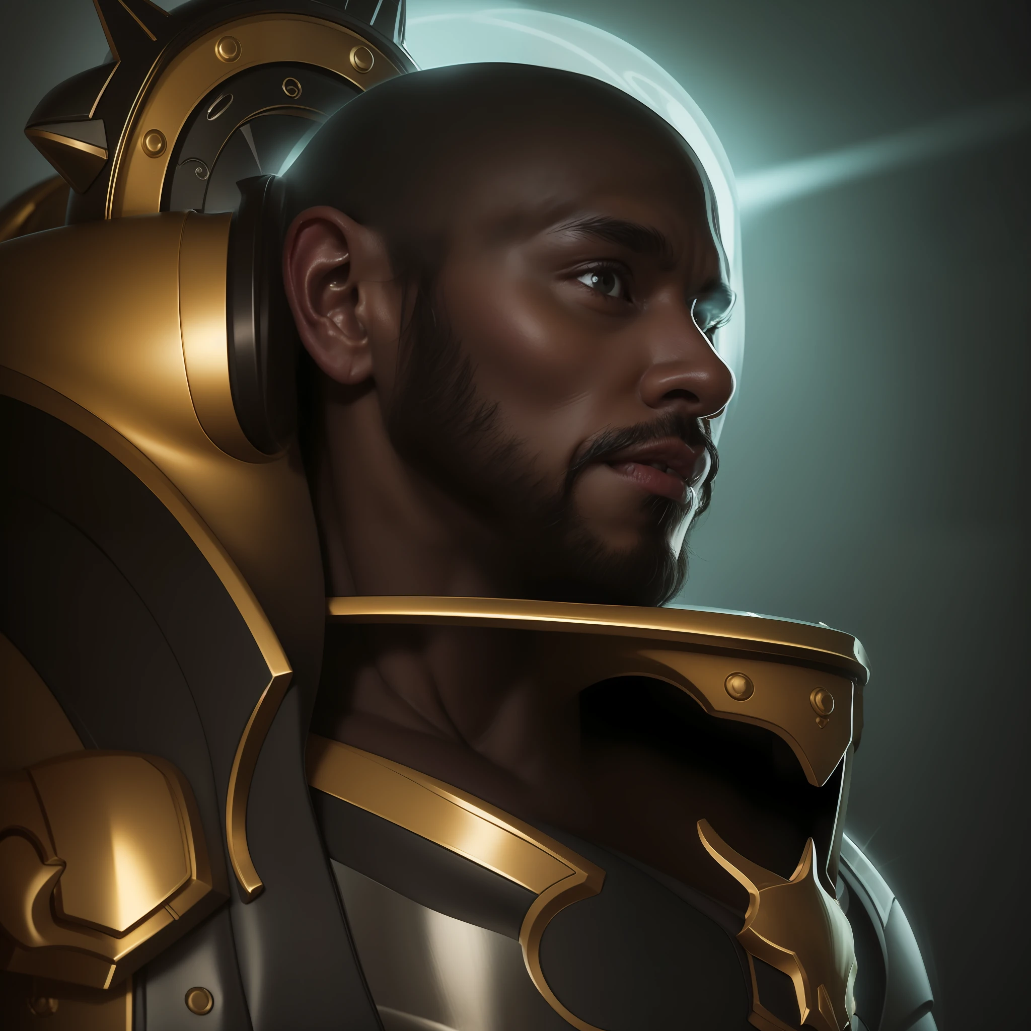 um homem ????? careca, his armor is green, his skin is black ,as real as possible, Realista 8K