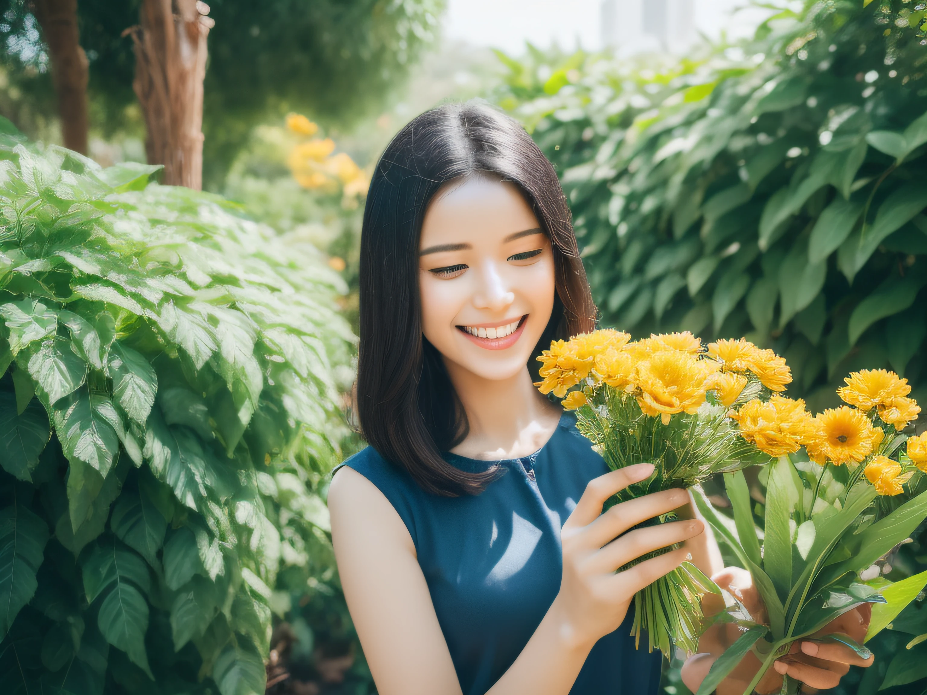 gardening　femele　A garden with many colorful flowers, There are a lot of eucalyptus and mimosas　Watering plants, light smile, black hair, Canon, blurry foreground, UHD