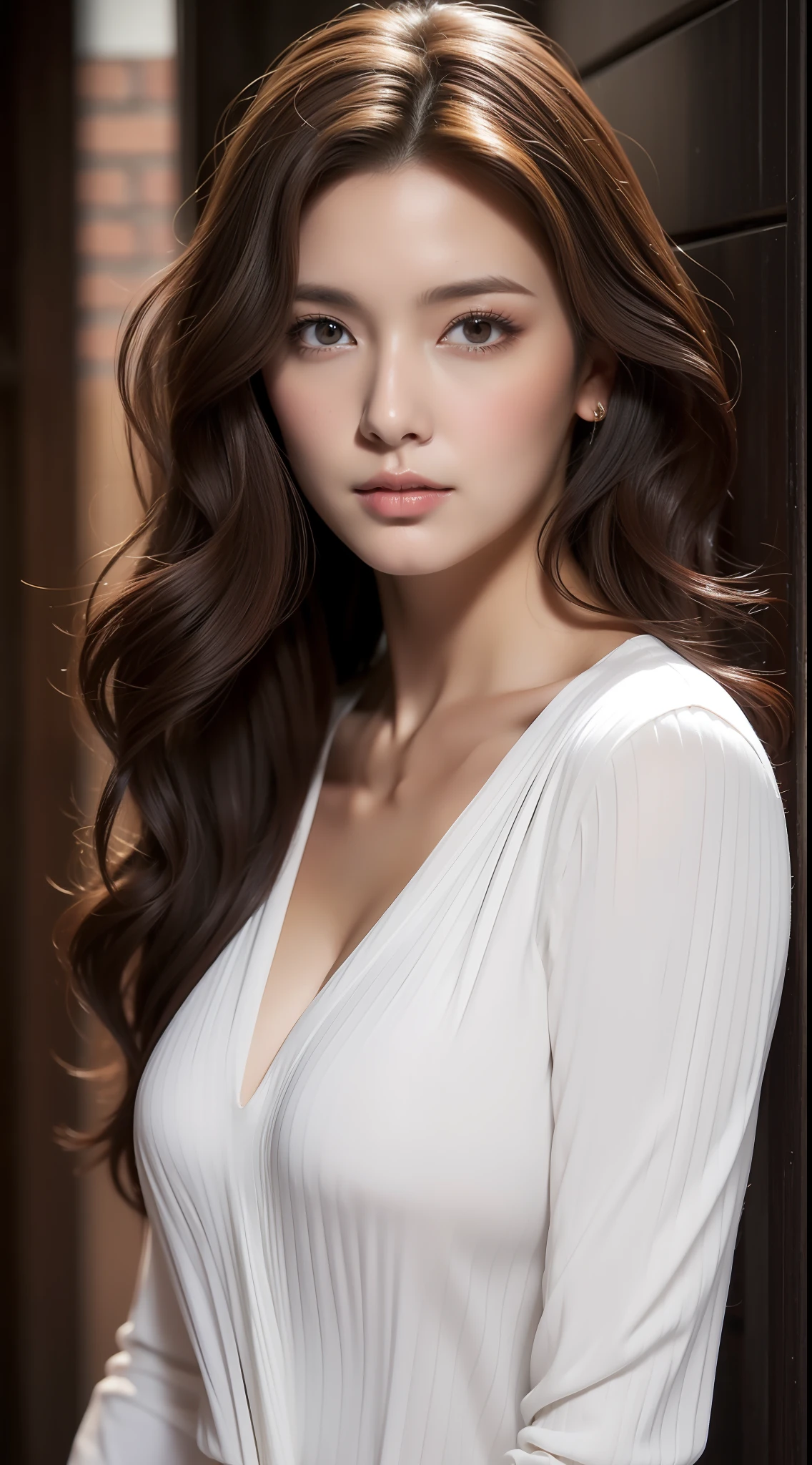 （best qualtiy，A high resolution，tmasterpiece：1.3），A tall and beautiful woman，frontage，Dark brown hair in loose wavy styling，Bigboobs，V-neck white shirt，Dark Alley，Beautifully rendered details in face and skin textures，Charming eyes，二重まぶた