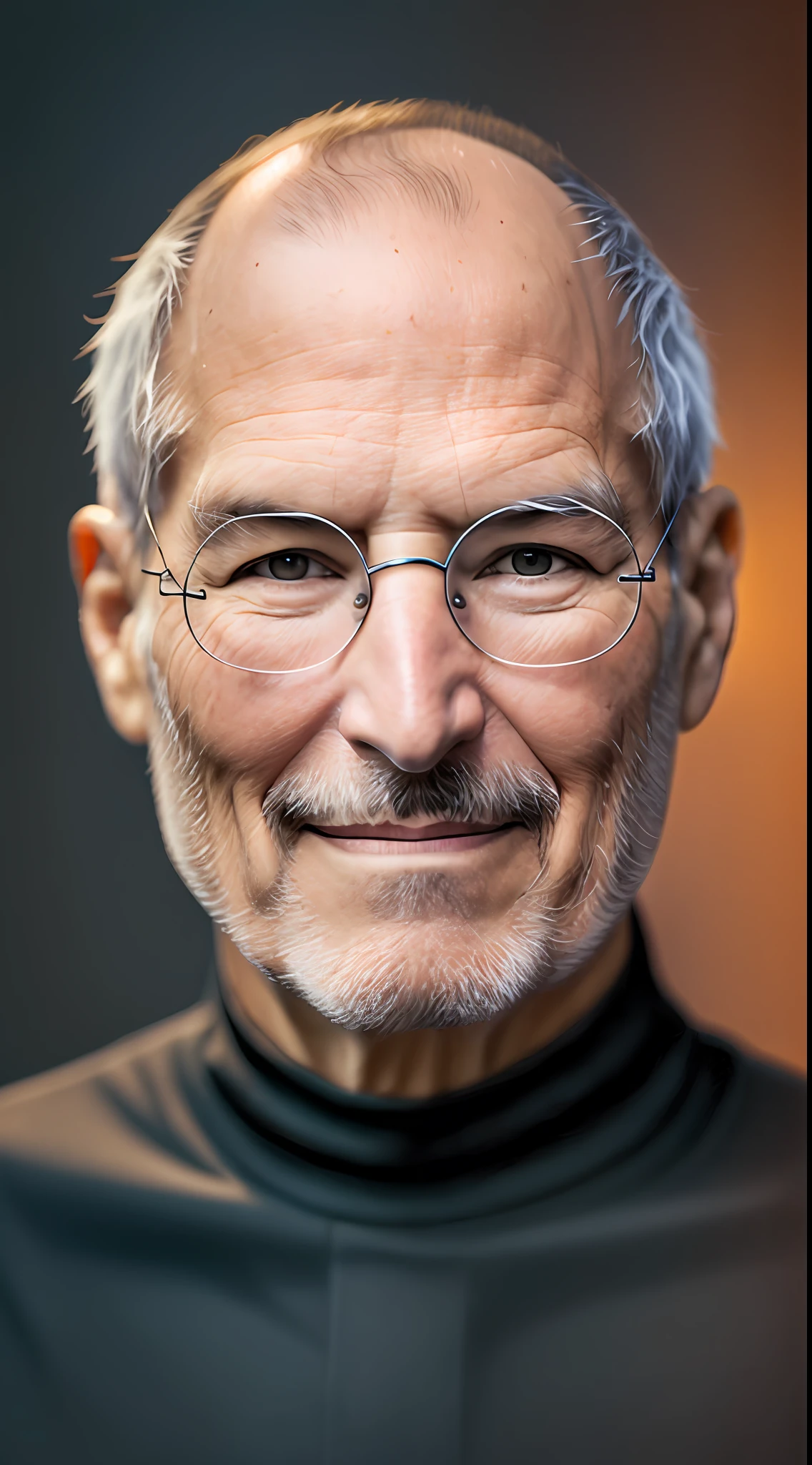 Old male, 1man, very Steve Jobs, thin, drawn, confident, generous, frowning, smile, no hair, black turtleneck shirt, simple framed glasses, front look, portrait, 4k, high-res, masterpiece, best quality, sharp focus, cinematic lighting, lighting behind, --auto --s2