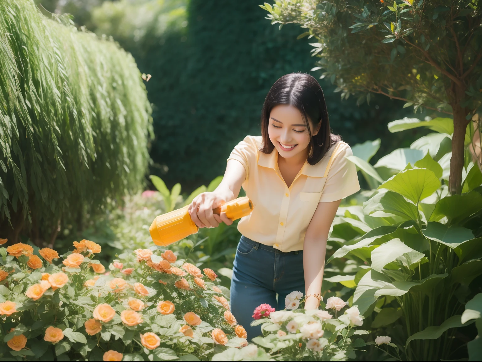 gardening femele A garden with many colorful flowers, There are a lot of eucalyptus and mimosas Watering plants, light smile, black hair, Canon, blurry foreground, UHD