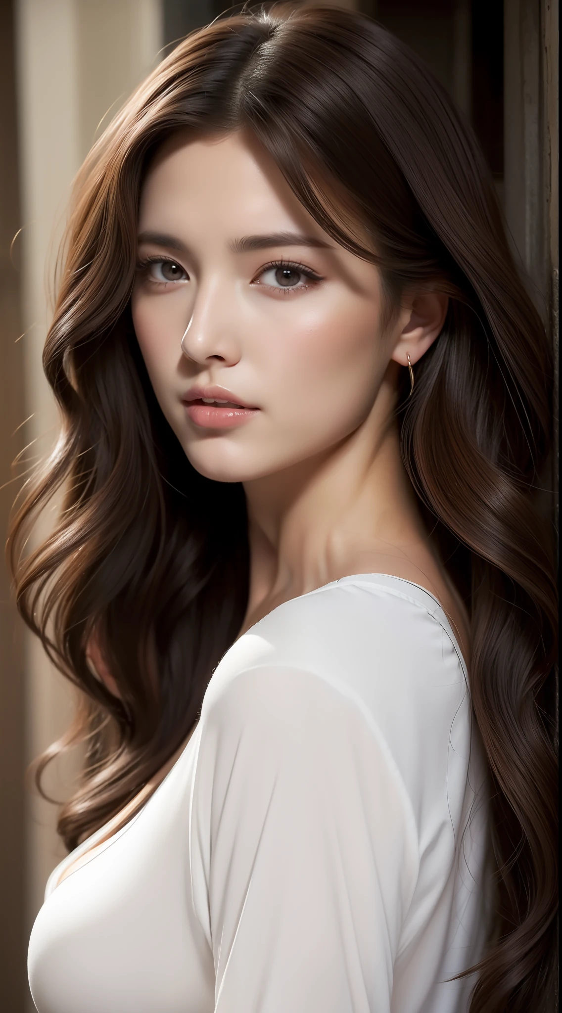 （best qualtiy，A high resolution，tmasterpiece：1.3），A tall and beautiful woman，frontage，Dark brown hair in loose wavy styling，Bigboobs，V-neck white shirt，Dark Alley，Beautifully rendered details in face and skin textures，Charming eyes，Charming eyes，二重まぶた