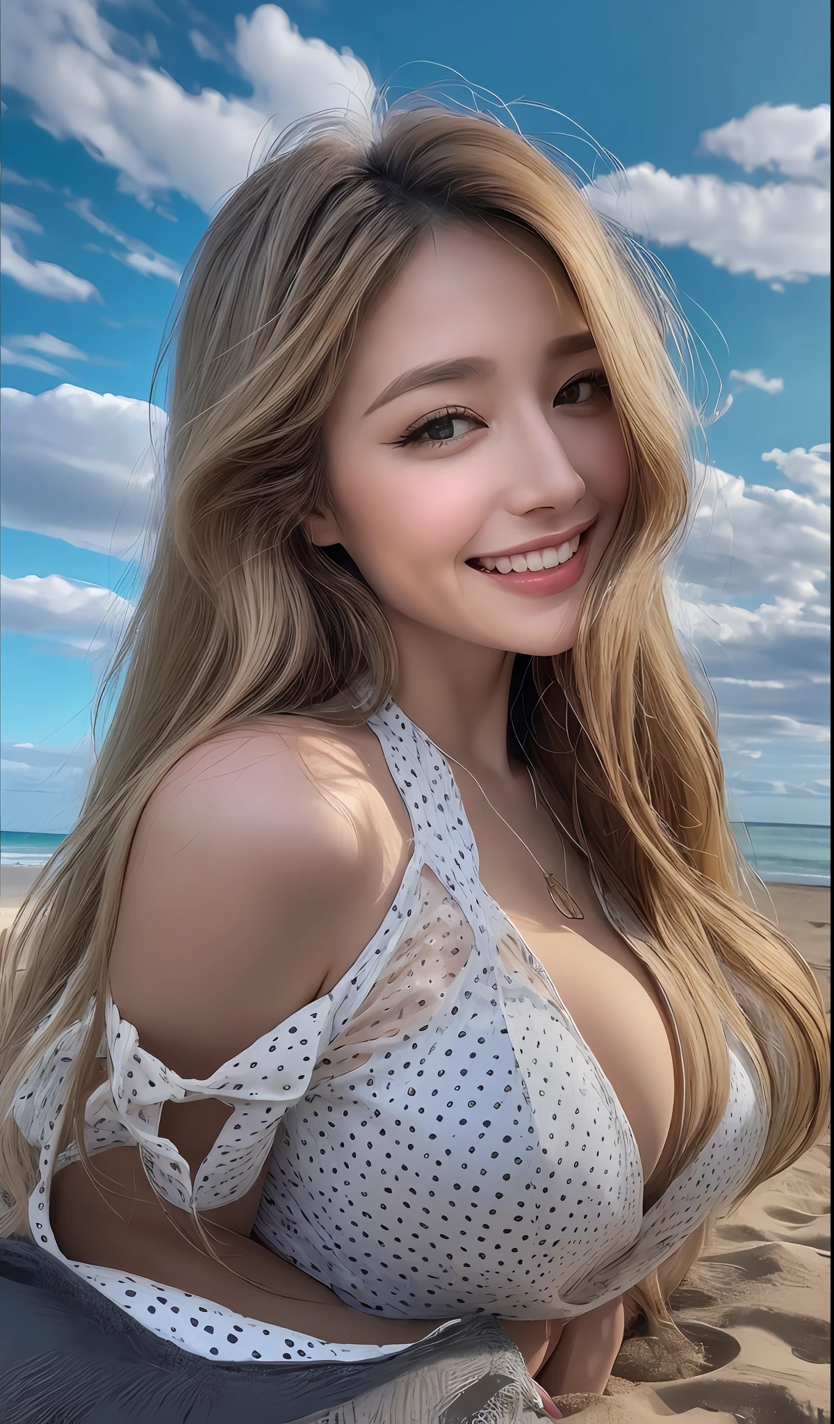 ((the highest quality、8ｋ、A masterpiece:1.3))、((Beautiful Russian women))、1 female、enormous breast:1.3、Slender body type:1.1、toned abs、Blonde semi-long hair、(BEATCH、Wet body、Cute Bikini:1.1)、Super detailed face、detailed lips、detailed eye、Double eyelidd、beach ball、a smiling look、Blue Sky、clouds、looking left、Kneeling