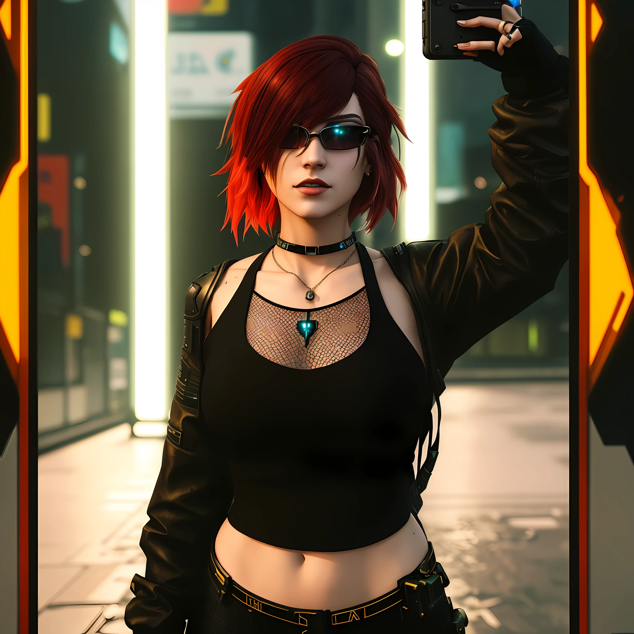 wearing GOLDEN YELLOW LIGHT oval glasses, There's a woman with red hair taking a selfie, mall goth, vibe cyberpunk, in a cyberpunk setting, estilo cyberpunk hiper-realista, em cyberpunk city, roupa cyberpunk, em uma cidade cyberpunk, olhar cyberpunk, menina cyberpunk sonhadora, roupa estilo cyberpunk, Cyberpunk 2 0 e. o modelo menina, cyberpunk vibes, na empresa cyberpunk city, em cyber punk 2077