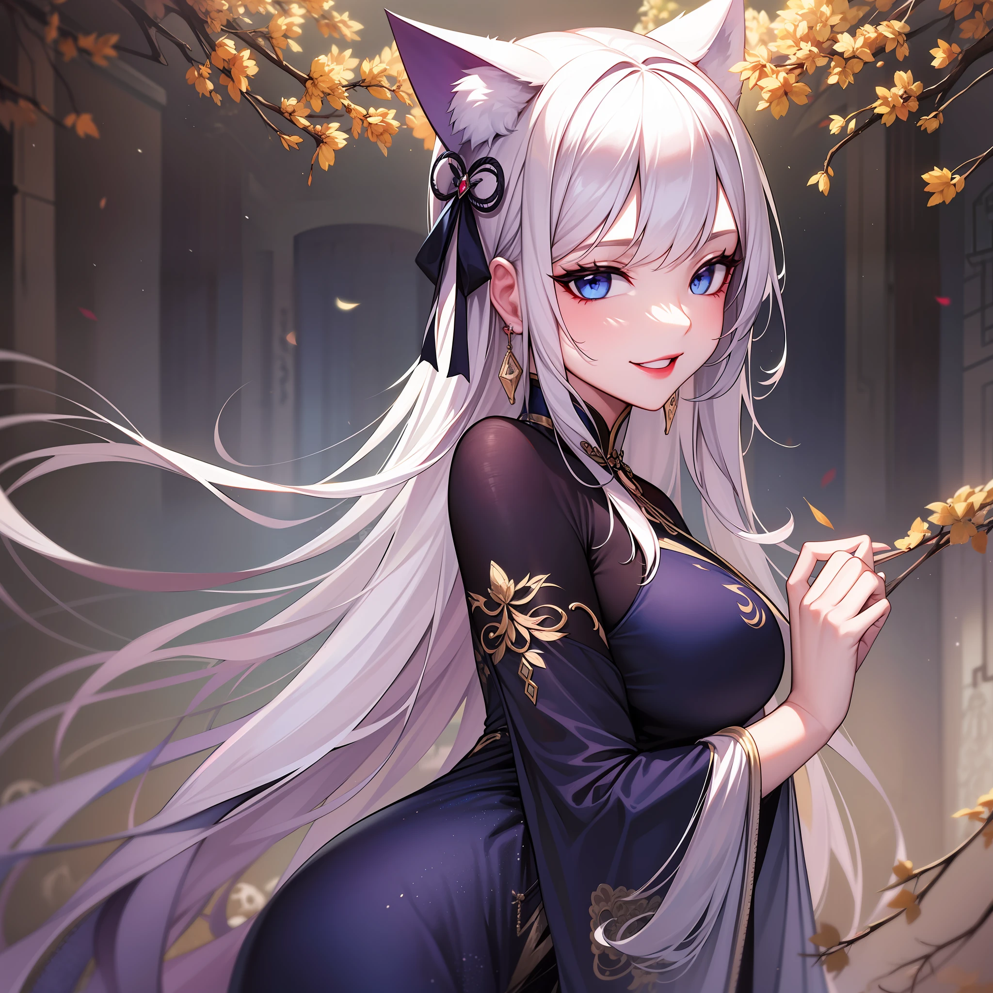 Girl, cat ears and tail, long white hair with blonde strands, violet-blue eyes, black open Chinese dress, expensive jewelry, sly smile, light lipstick