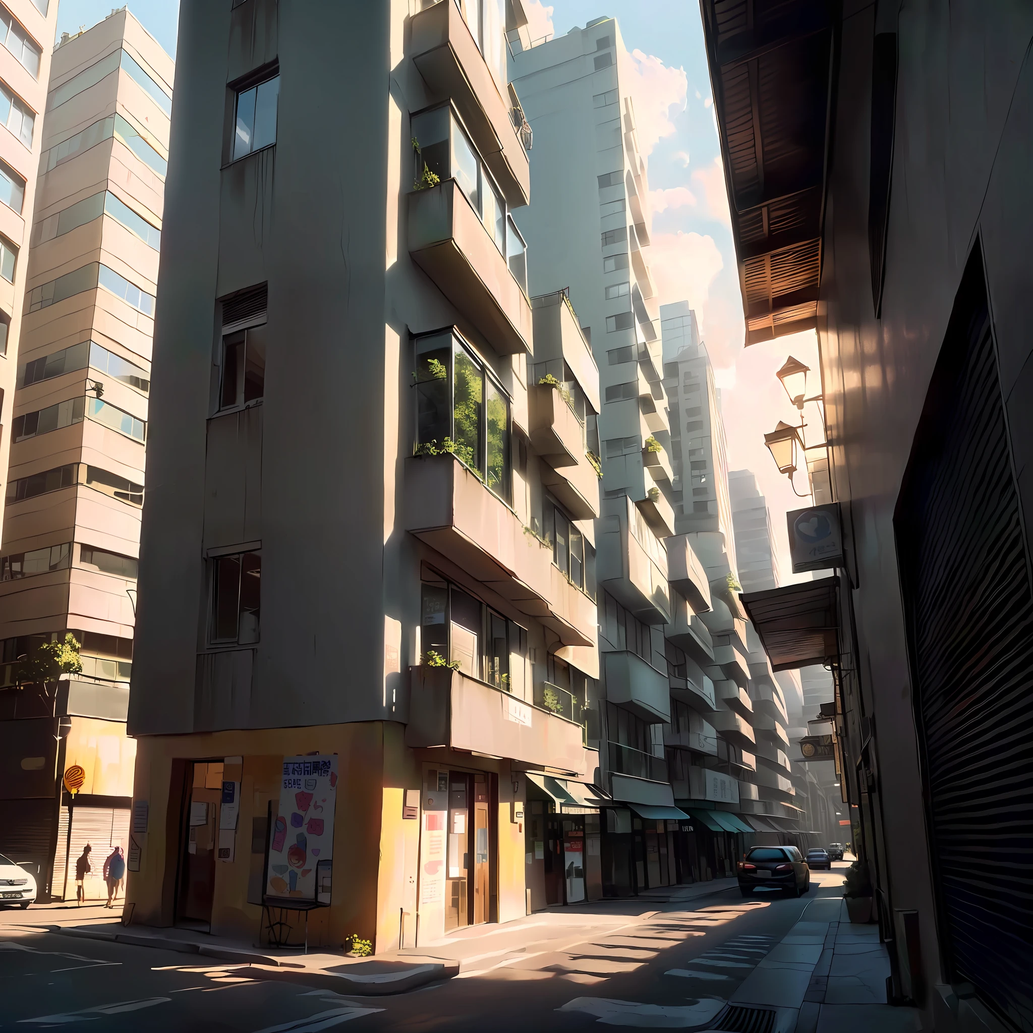 buildings on the side of a street with cars parked on the side, the neat and dense buildings, 2 4 mm ISO 8 0 0 cor, japanese downtown, city street cinematic lighting, sao paulo, Golden Hour in Tokyo, rua moderna da cidade, tall buildings on the sides, cinematic shot ar 9:16 -n 6 -g, tokyo street cityscape, São Paulo