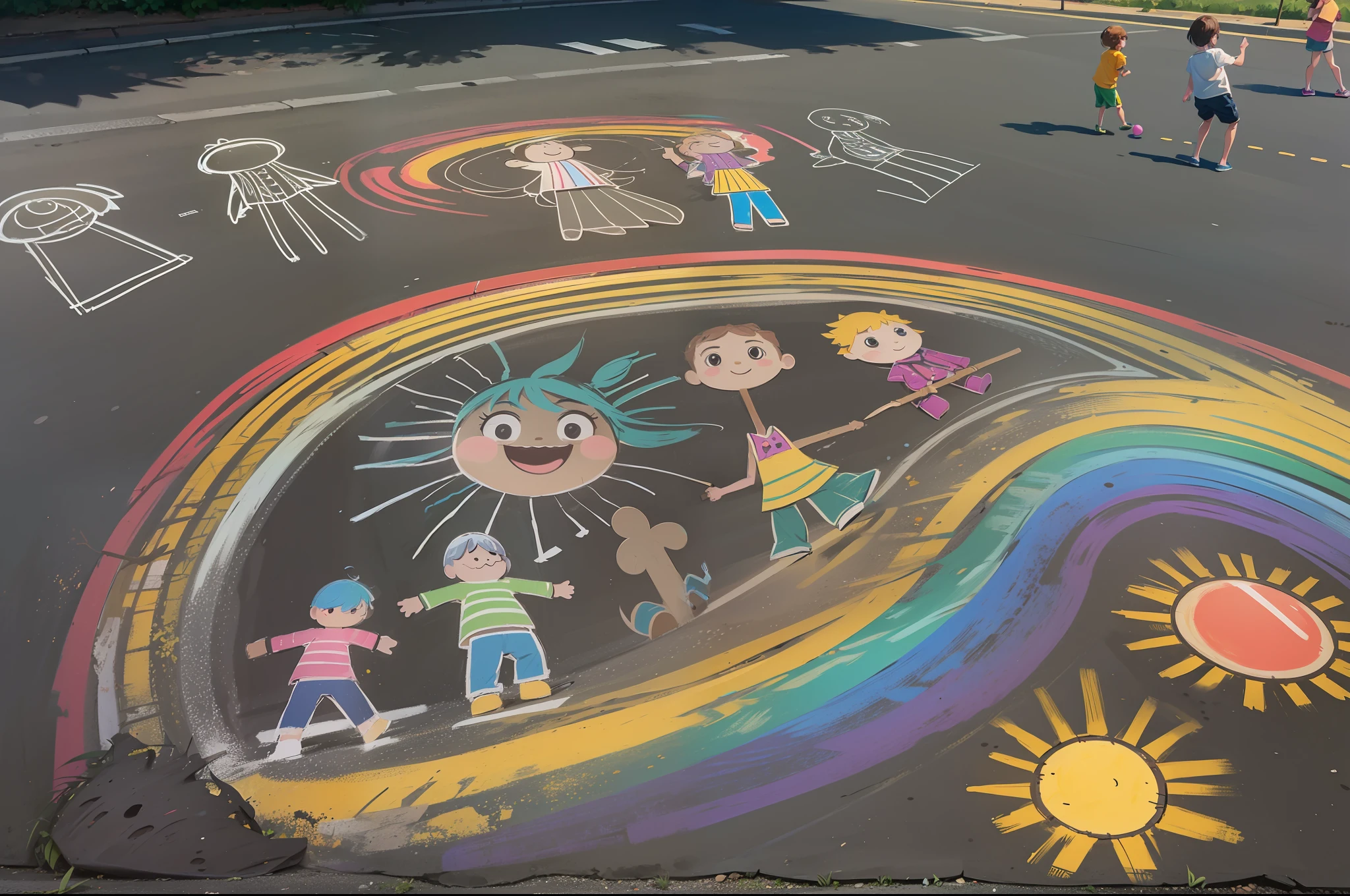 A child's drawing in chalk on asphalt, the sun, a rainbow, puffy clouds, trees and flowers, stick people dancing .