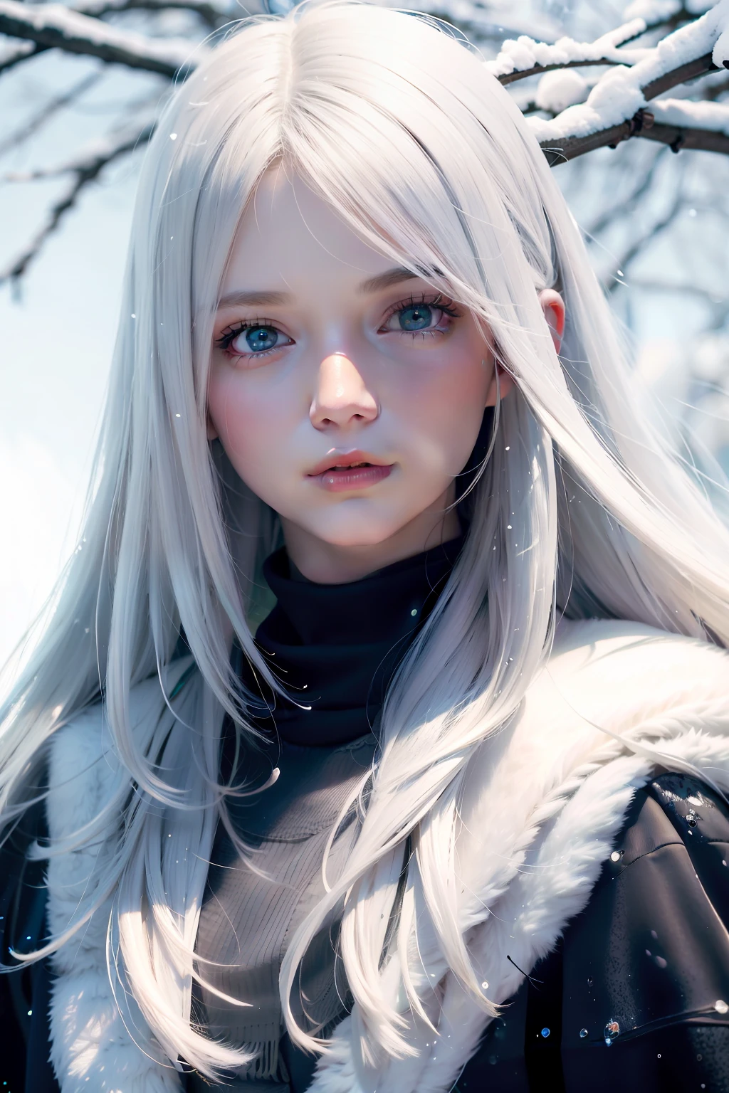 best qualtiy, tmasterpiece, White hair, eBlue eyes, A girl, exteriors, The upper part of the body, Realistis, Floating hair, Snowy,, Detailed face, winter, Green trees, Sunshine