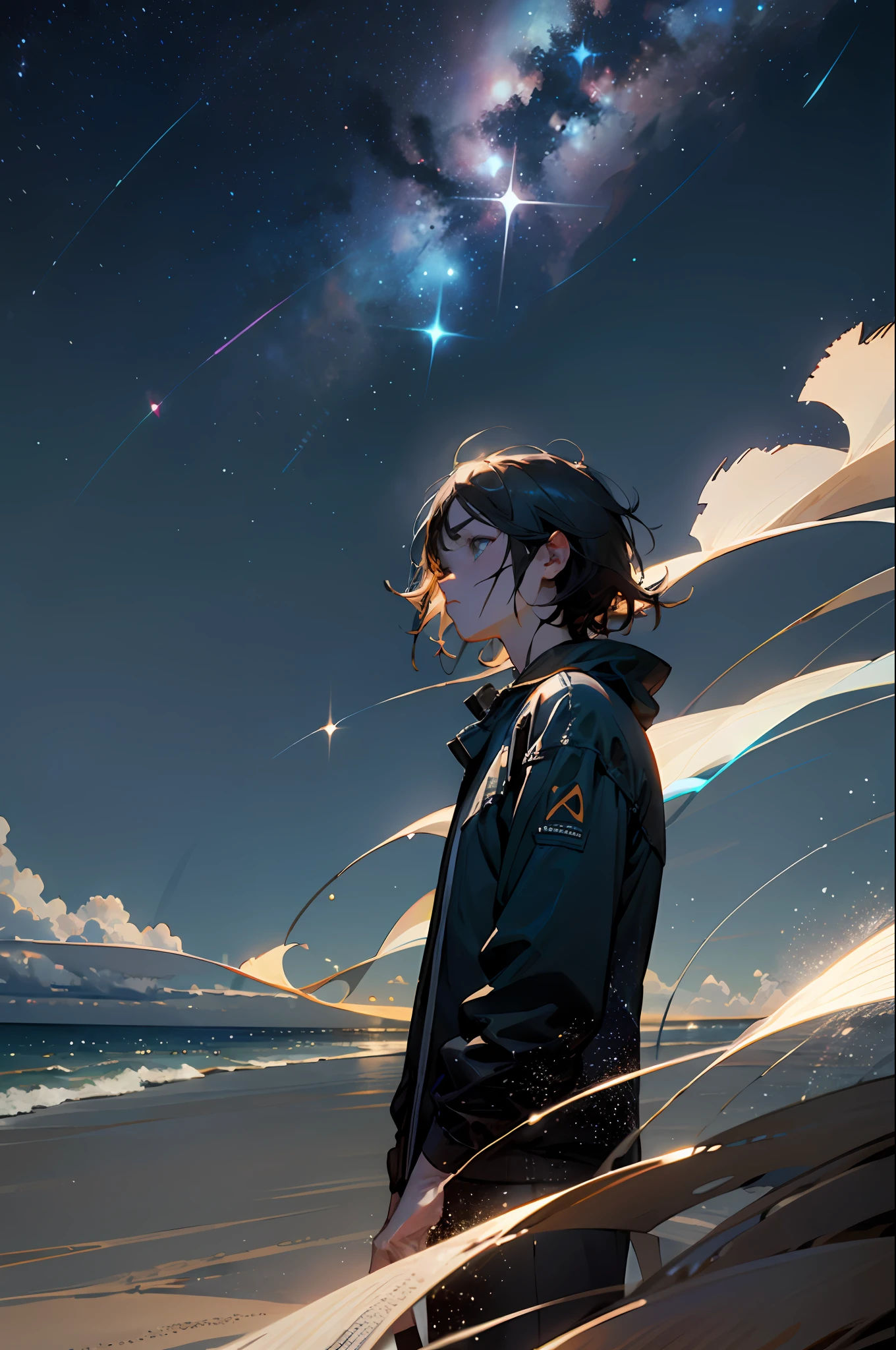 Homem olhando para cima, he's on a beach his eyes are disappointed. This with cold ambient clothes night, starry sky