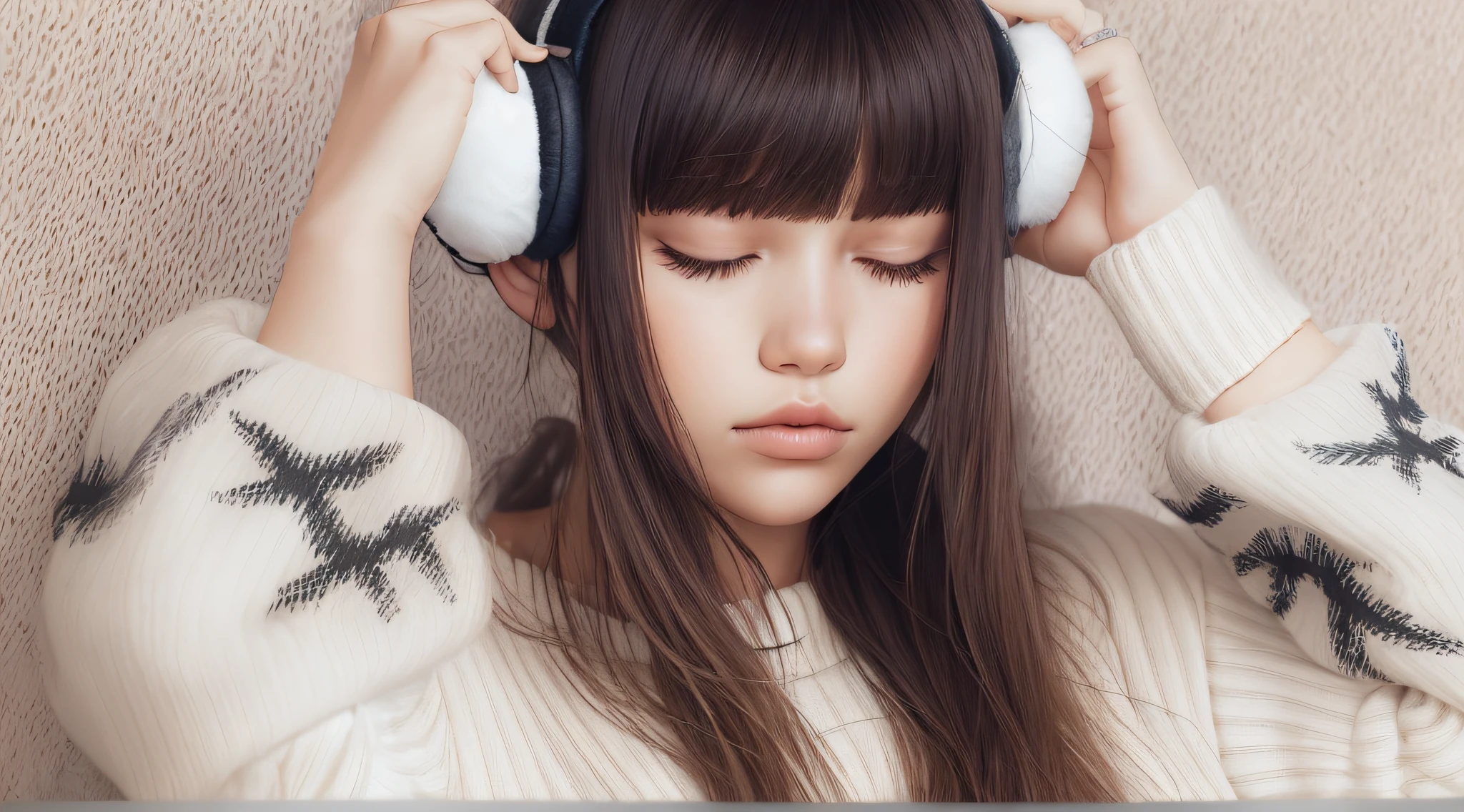 arafed girl with long hair wearing a white sweater and black ear muffs, sleepy, sleepy fashion model face, lalisa manobal, fluffy bangs, white bangs, beautiful cute, cute beautiful, with full bangs, sleeping, cute girl, cute young girl, nina masic, anastasia ovchinnikova, cold but beautiful, sleepy eyes
