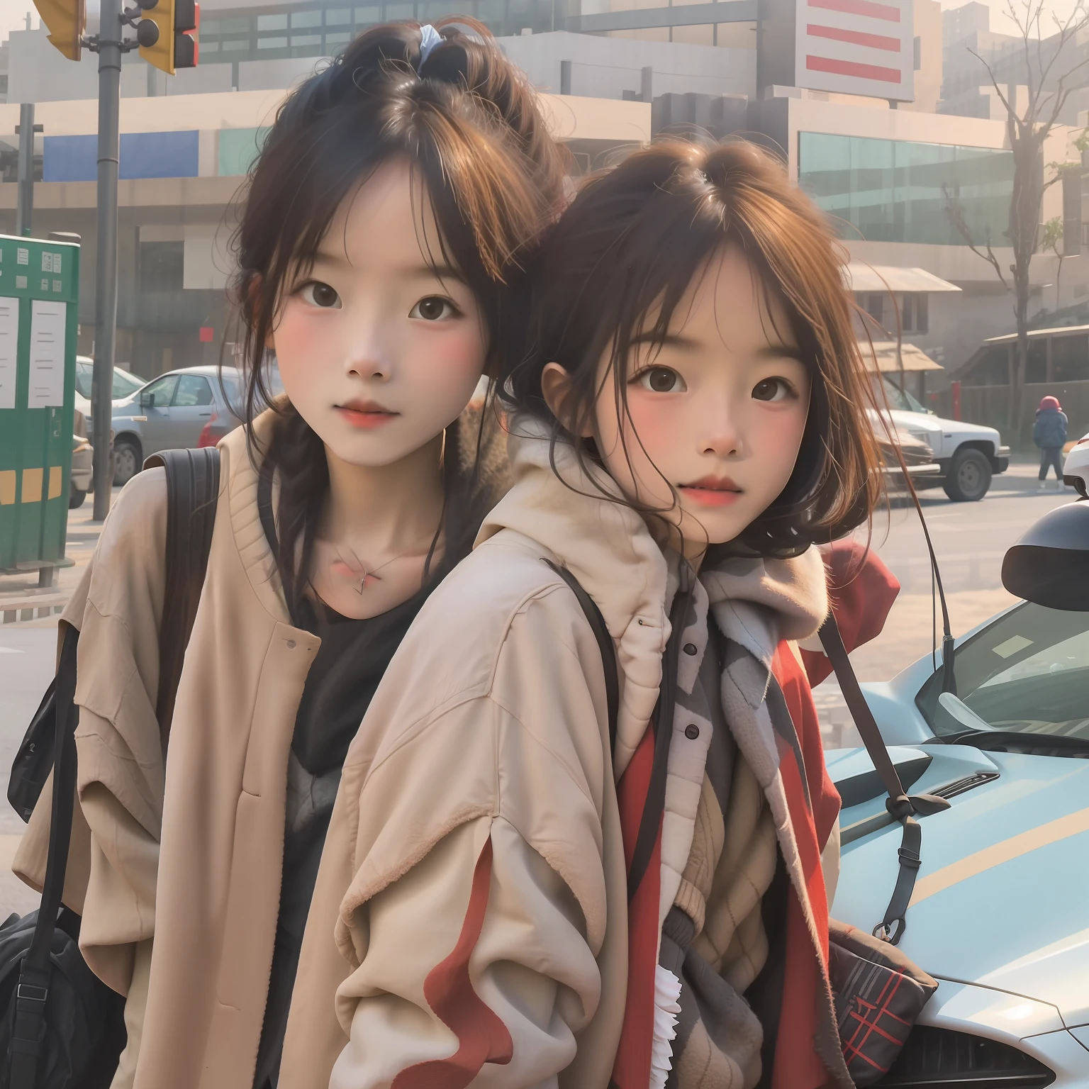 Two children standing in front of a brick building, Siblings and sisters,Childhood friend again, Photo taken in rural China in 1990, old picture, coloured photo,
