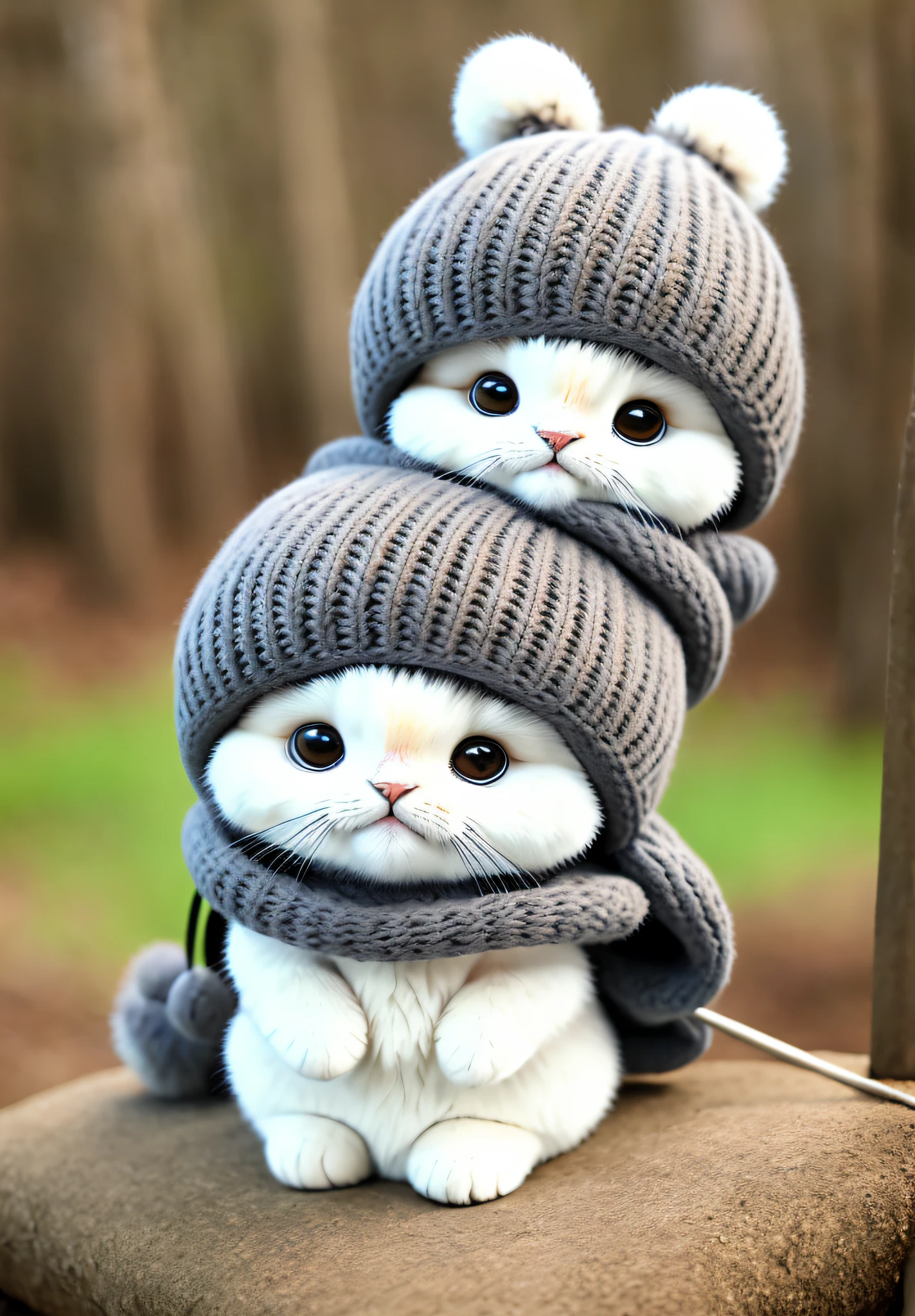 Fluffy cat sitting at the base of a tree in the middle of the mountain、Yarn hat