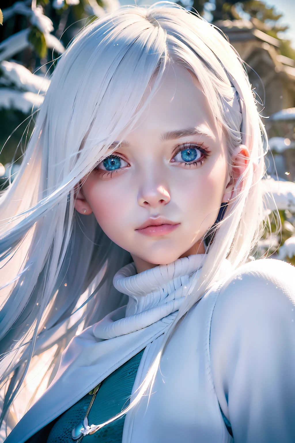 best qualtiy， tmasterpiece， White hair， eBlue eyes， A girl， exteriors， The upper part of the body， Realistis, Floating hair, Snowy,, Detailed face, winter, Green trees, Sunshine