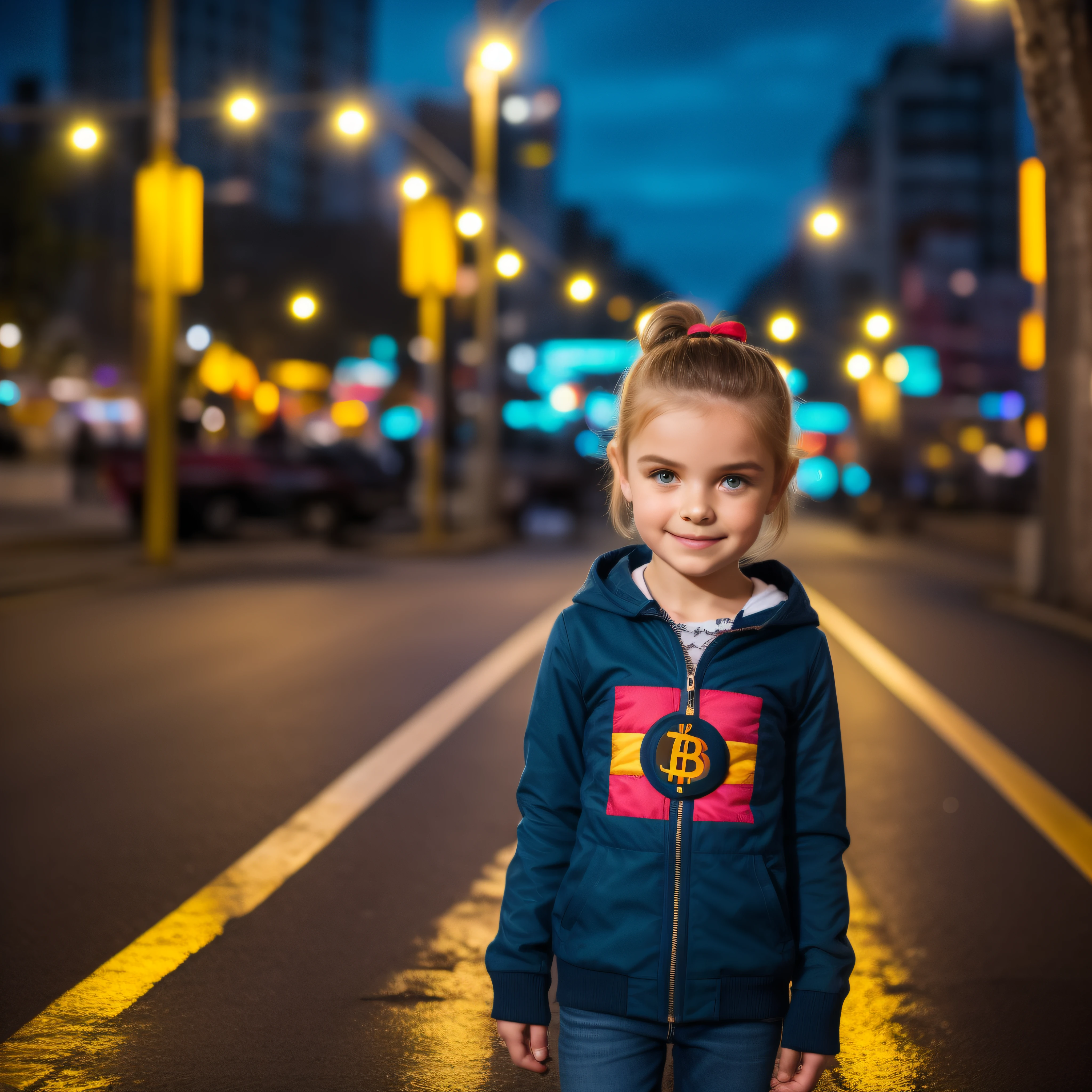 Beautiful white child girl,cabelo azul claro longo, com grandes olhos azuis bem juntos horizontalmente ao nariz,fofa,com bochechas rosadas, com jaqueta preta,blusa preta,de batom vermelho,with cord with bitcoin symbol ,lente 55 mm abertura f/1.8,with blurry background of an urban city at night full of illuminated buildings and blue and red poles