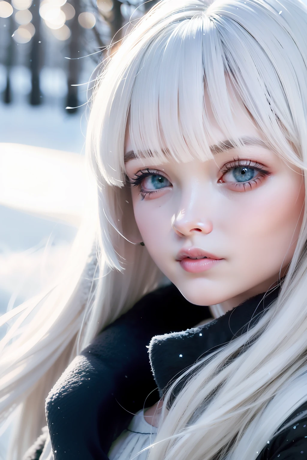 best qualtiy， tmasterpiece， White hair， eBlue eyes， A girl， exteriors， The upper part of the body， Realistis, Floating hair, Snowy,, Detailed face, winter, Green trees, Sunshine
