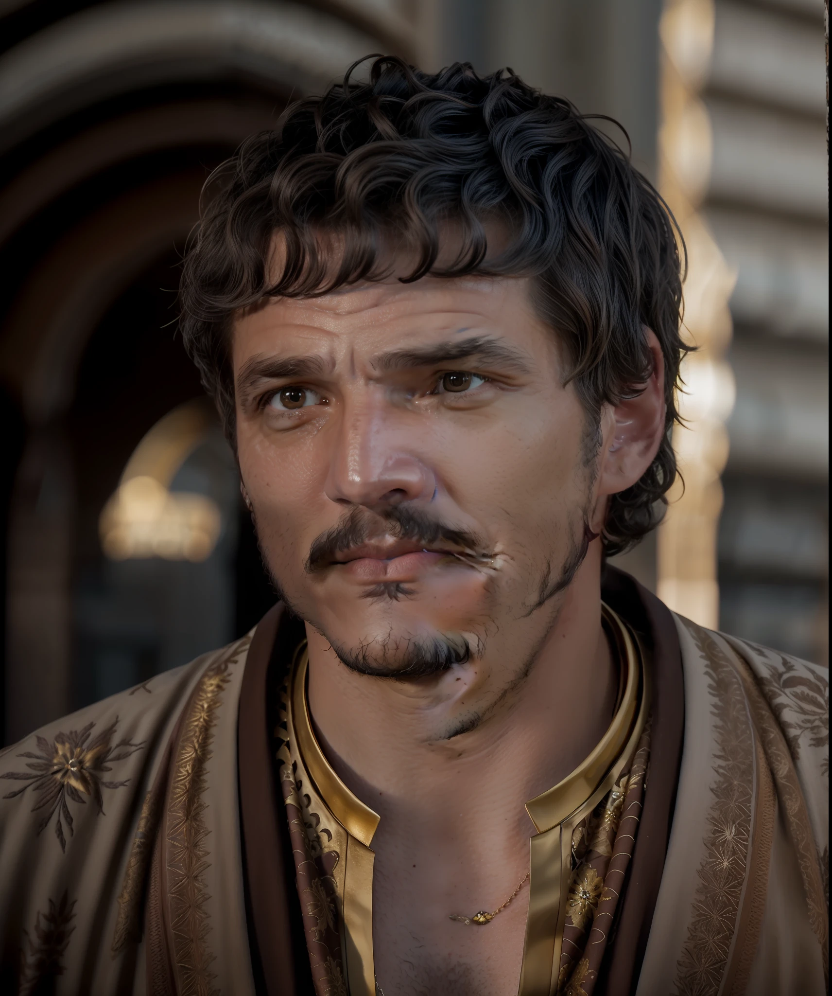 medium photo of man (pedro pascal:1.05),playing Oberyn Martell,24mm,4k textures,soft cinematic light,highly detailed,sharp focus,hyperdetailed,low contrast,exposure blend,gold accents reflecting,gold jewelry,(brown eyes:1.35)