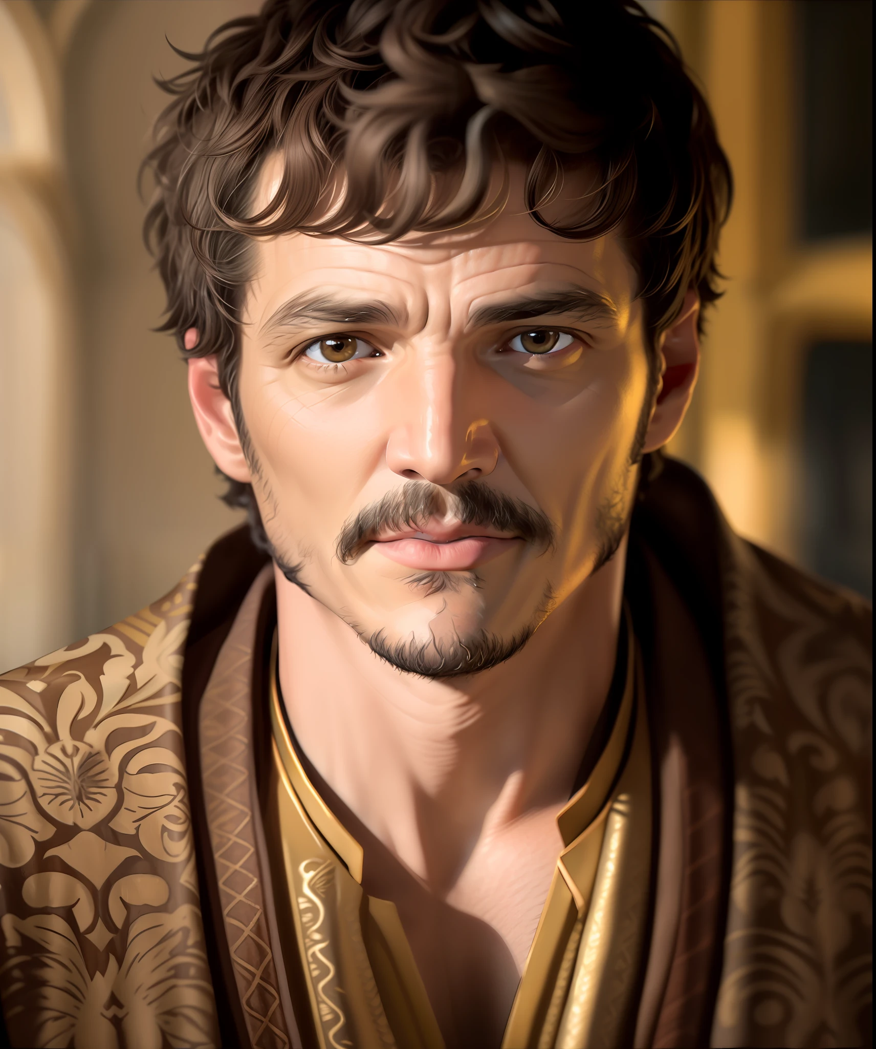 medium photo of man (pedro pascal:1.05),playing Oberyn Martell,24mm,4k textures,soft cinematic light,highly detailed,sharp focus,hyperdetailed,low contrast,exposure blend,gold accents reflecting,gold jewelry,(brown eyes:1.35)