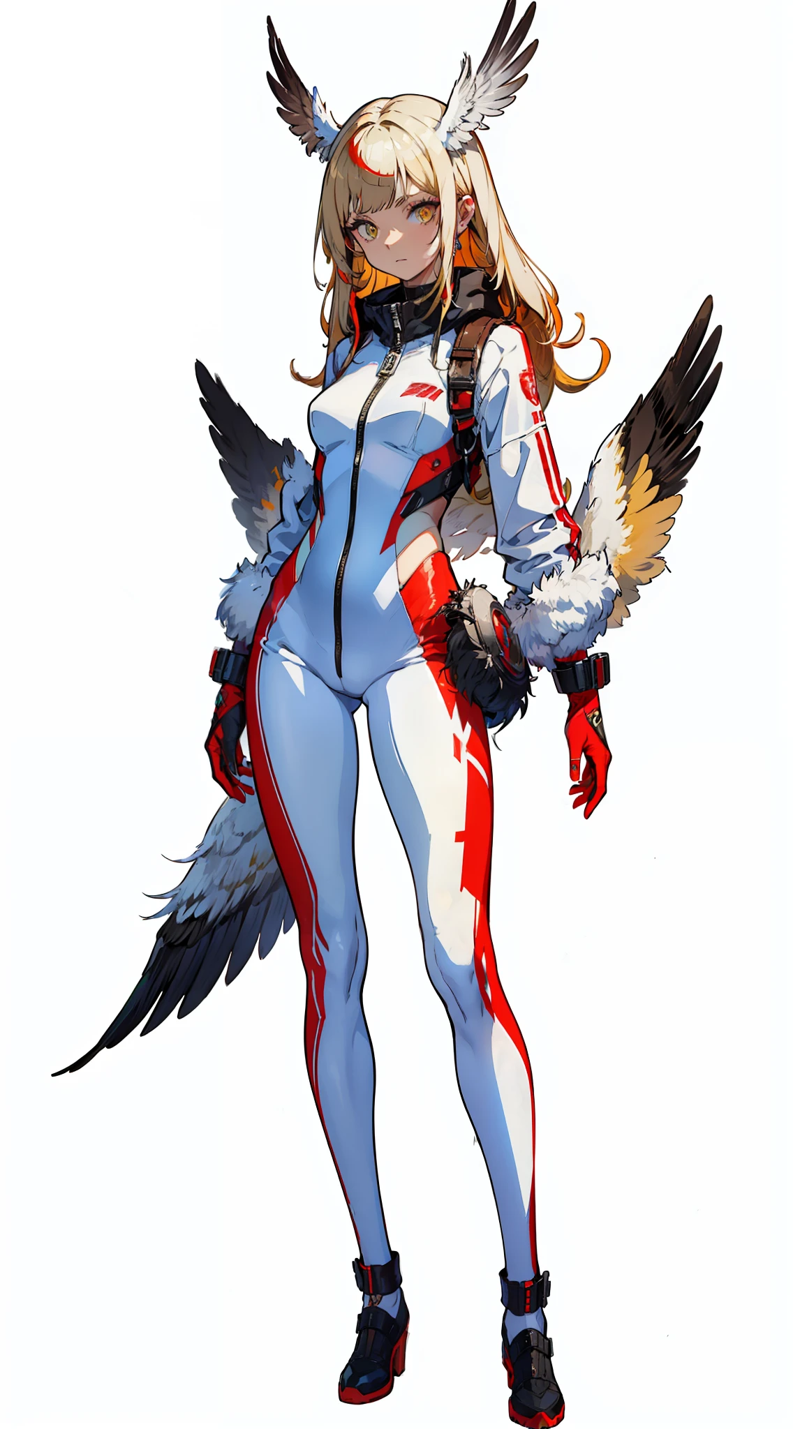 Input:girl, solo, breasts, bird girl, (yellow eyes), (cold face), (long straight red hair), (long bangs), (white fringe), (white bird ears), (red feathers on the body), red wings made of feathers, white tight suit, full body, character reference, multiply angles
Негатив:boy, blonde hair
Стиль:counterfreit