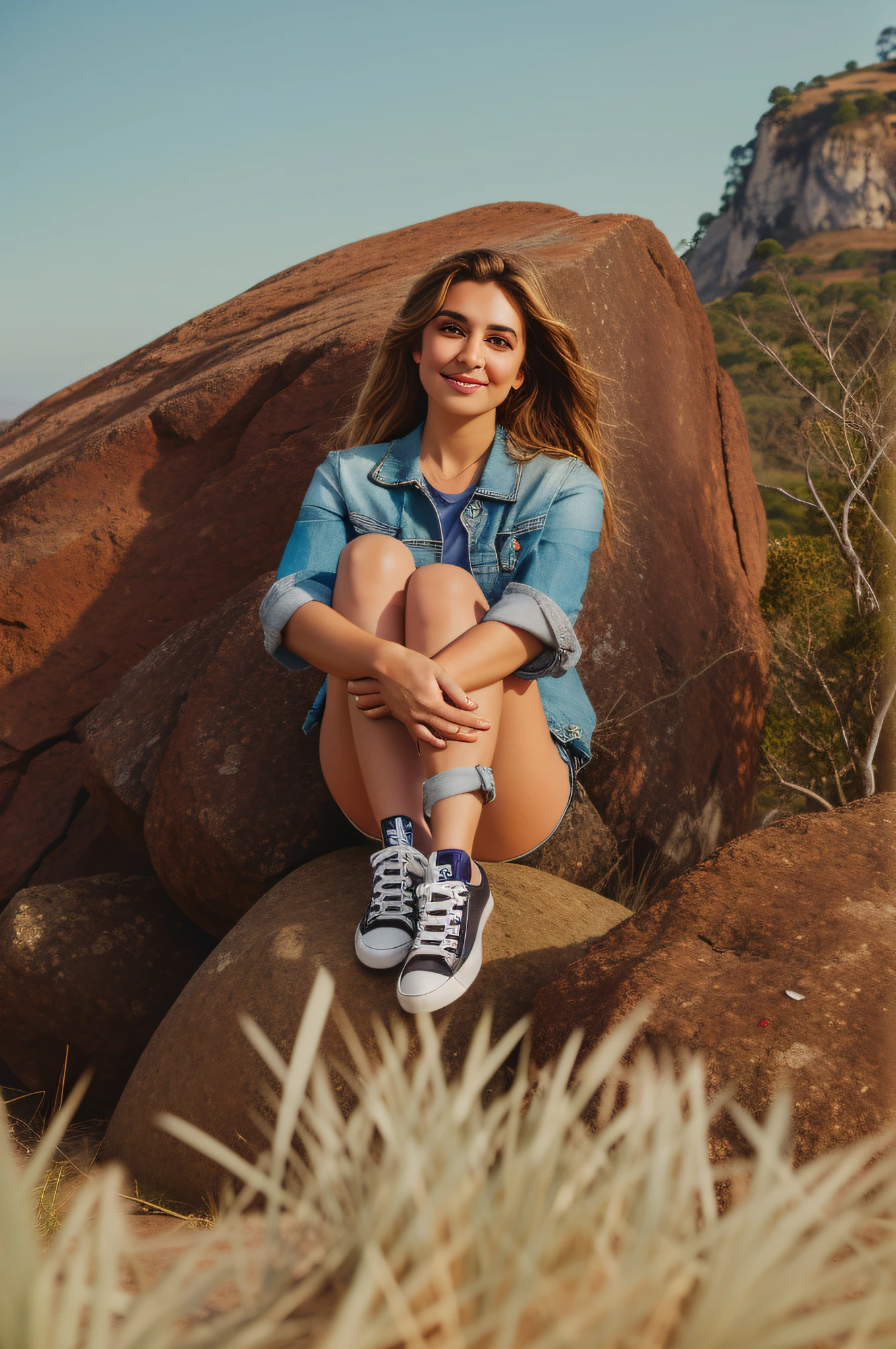 Mulher de Arafed sentada em uma rocha em um campo de grama, sentado em uma rocha marciana, sentado em uma rocha, sentado em rochas, em uma rocha, sentado no topo de uma montanha empoeirada, flowy hair standing on a rock, Retrato Rugged, standing on rocky ground, foto retrato, retrato de alta qualidade, Standing on a rock, Retrato no meio da foto, retrato ambiental
