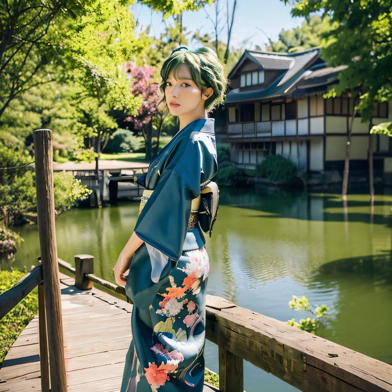 Alafed woman in kimono standing on bridge near pond, in a kimono, classy yukata clothing, A Japanese style, japanese kimono, bathrobe, Wearing kimono, Kimono, komono, Japanese style, japanic style, Wearing a kimono, in a kimono, wearing a haori, wearing royal kimono, edo style, elegant japanese woman
