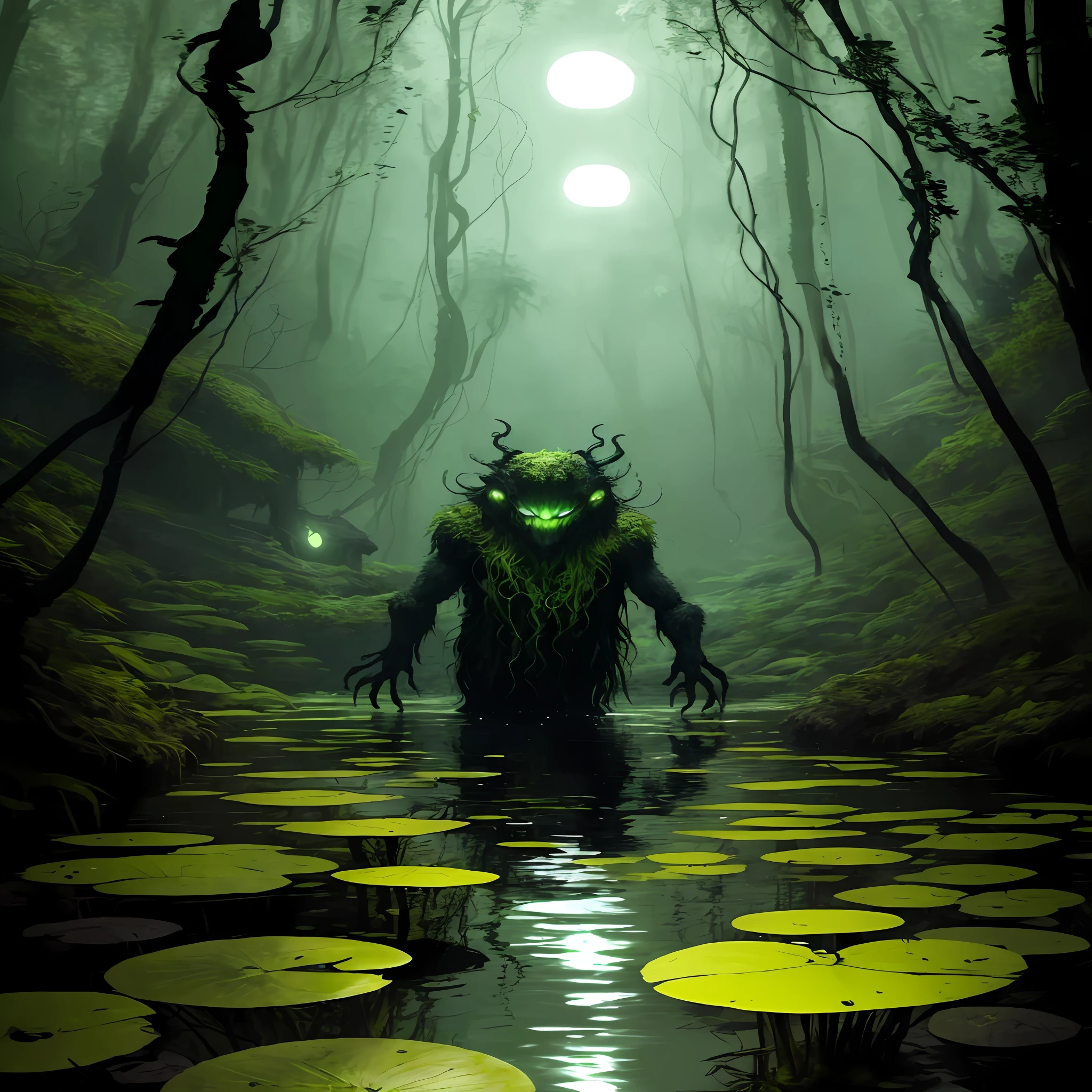 mysterious dark swamp monster coming out of the water moss vines silt tentacles fireflies midnight moonlight (obra-prima:1.2) (illustration:1.2) (melhor qualidade) (detalhado) (intrincado) (8k) (HDR) (papel de parede) (cinematic lighthing) (Nitide focus) floresta amazonica, lobisomem ao fundo, Headless mule