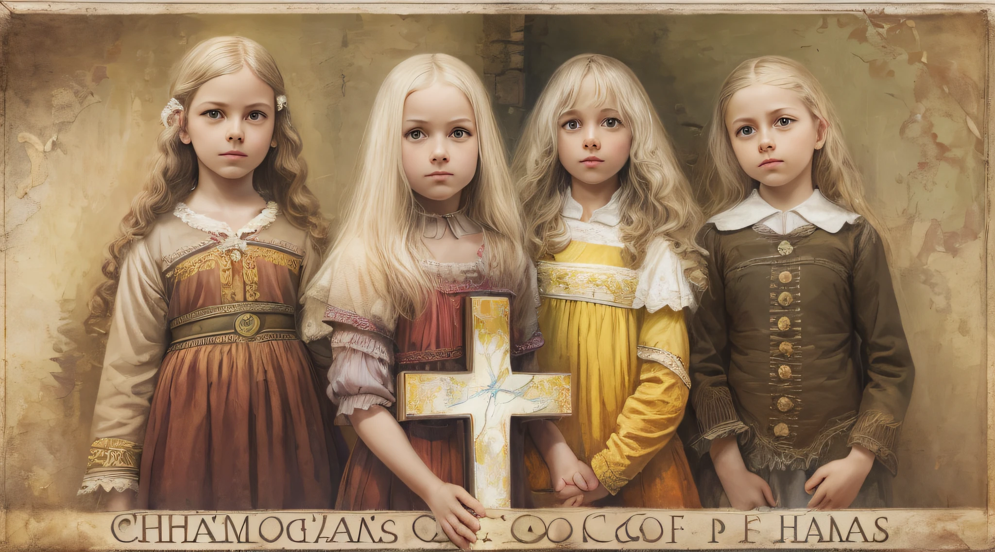 Um meio corpo, Portrait of 3 girls German children long platinum blonde hair 12 years old, jaquetas couro yellow, holding in his hands a cross, fundo de correntes, corrente, mais correntes , muitas correntes, , vermelhas, fogo vermelho, muitas chamas de fundo.