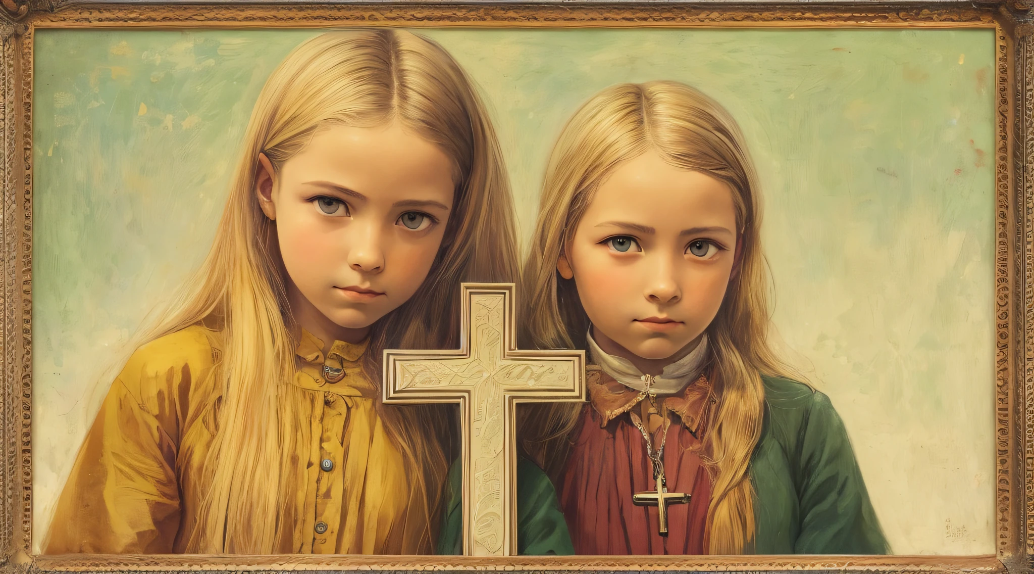 Um meio corpo, Portrait of 3 girls German children long platinum blonde hair , jaquetas couro yellow, holding in his hands a cross, fundo de correntes, corrente, mais correntes , muitas correntes, , vermelhas, fogo vermelho, muitas chamas de fundo.