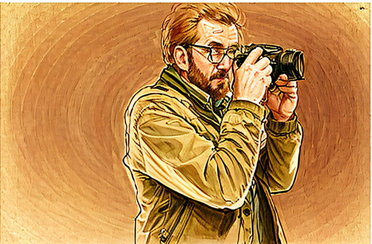 Arafed drawing of a man taking a picture with a camera, desenhado com photoshop, foto retrato, arte digital, mas foto, retrato da fotografia, arte digital,