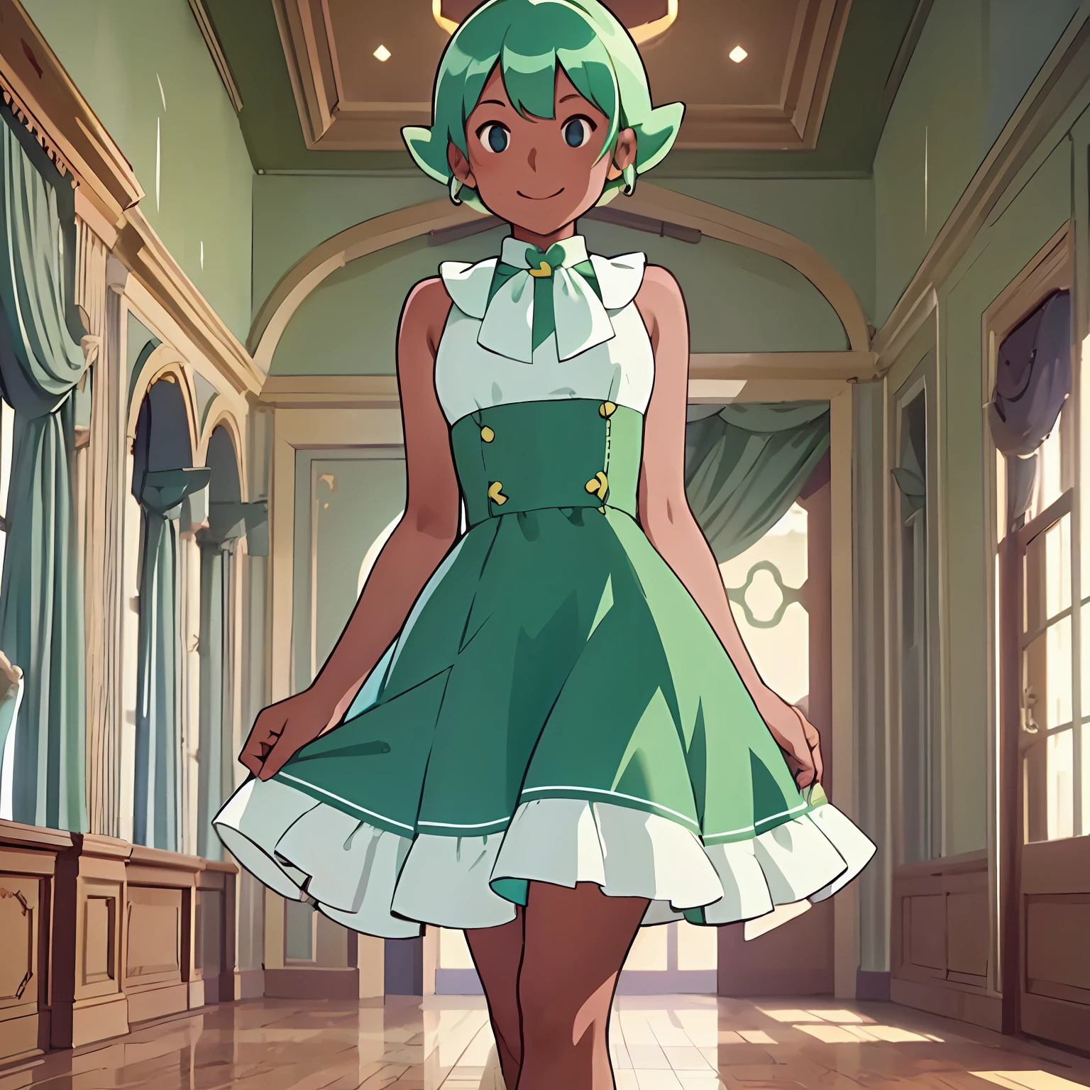 masterpiece, best quality, solo, 1girl, high resolution, full body, perfect body, perfect face, great detail, depth of field, casswiz, green hair, tan skin, dress silk dress, ball room background, short hair, cute, standing, cel shaded, solid colors, smile, cinematic lighting