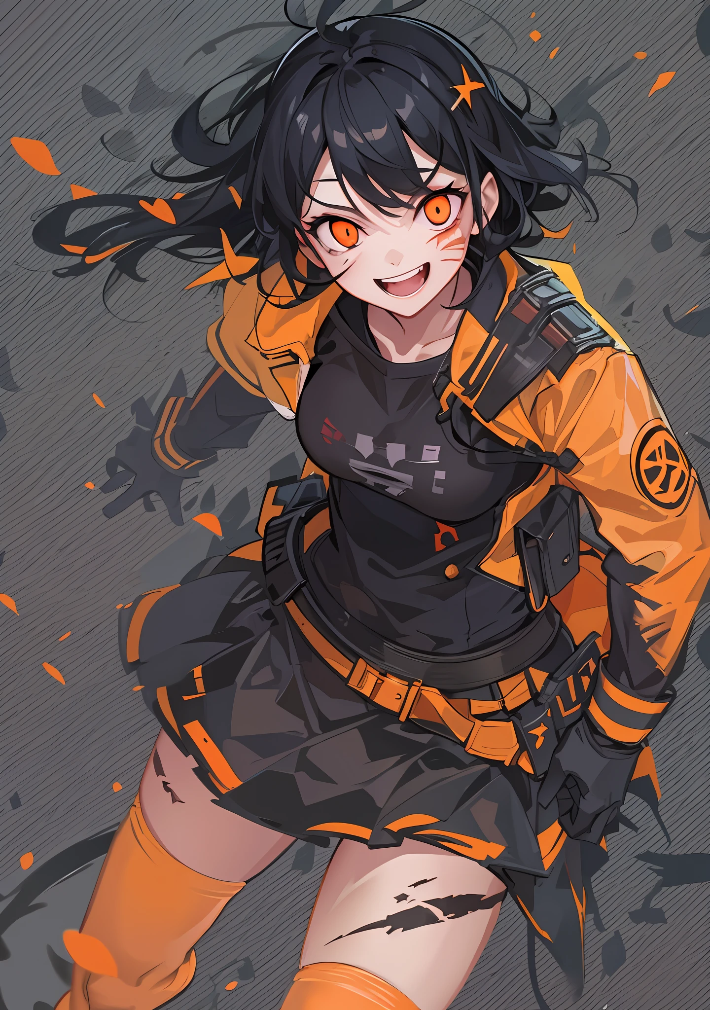 Best Quality, super detailed illustration, A  girl, (Crazy orange eyes:1.2),(wide eyes:1.2), (short disheveled black hair:1.2),(crazy smile:1.2) ,(Scars:1.2), combat pose