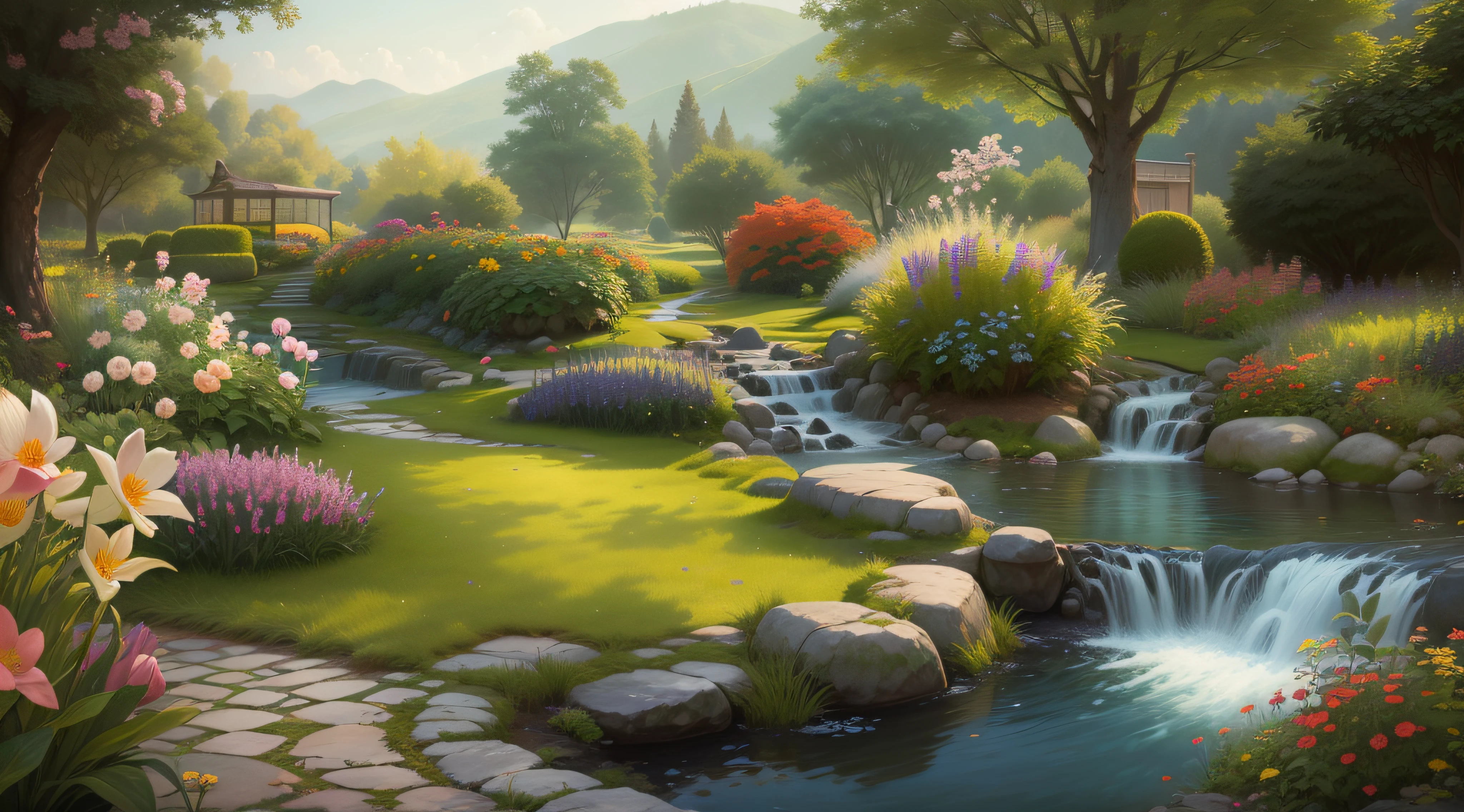 The image shows a tranquil and serene setting, such as a garden with colorful flowers or a landscape with a calm stream. The background music continues to create a relaxing atmosphere. (ultra realistic, ultra quality)