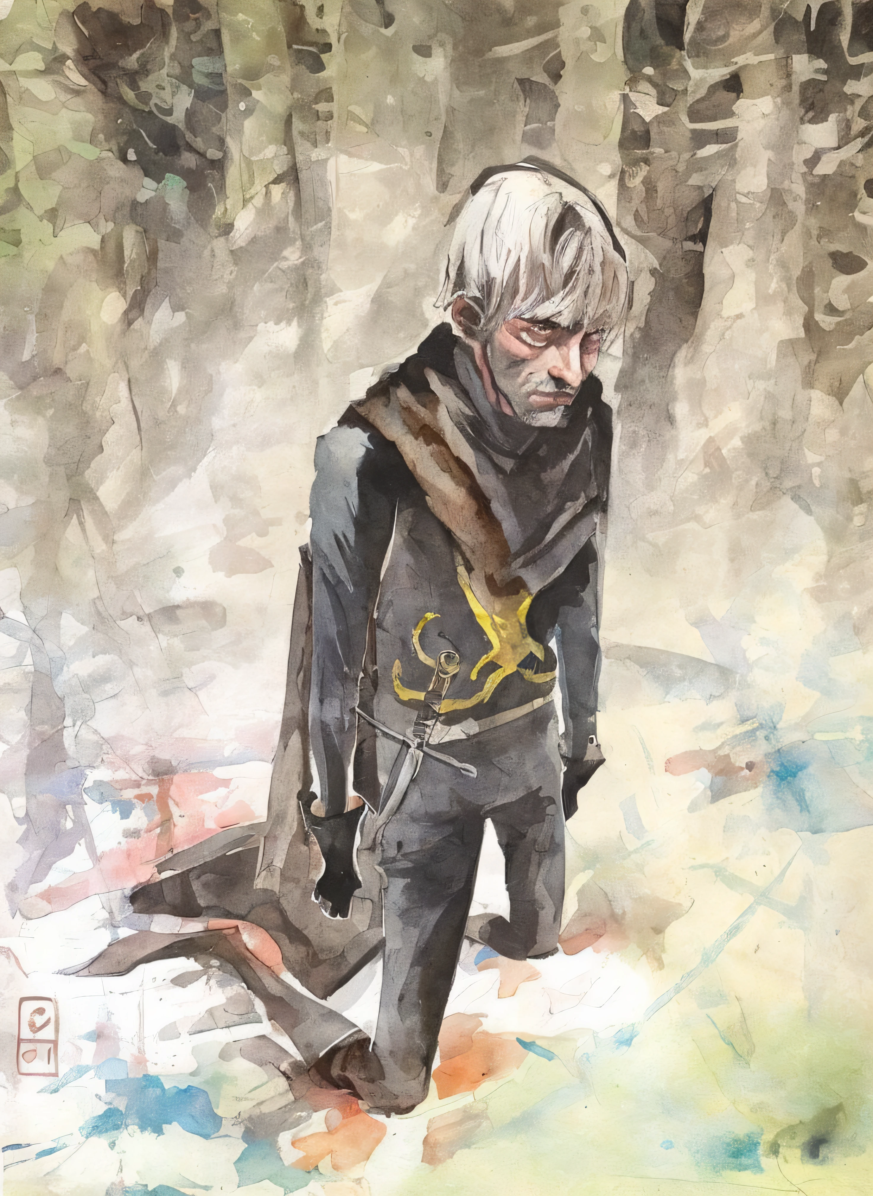 painting of a man in a black outfit with a sword and a sword, inspired by Eddie Campbell, by Eddie Campbell, inspired by Sigurd Swane, by Andrew Robinson, style of john blanche, portrait of fin wildcloak, inspired by Dave Dorman, by Sam Bosma, inspired by John Blanche, inspired by Jesper Ejsing, art style of john blanche